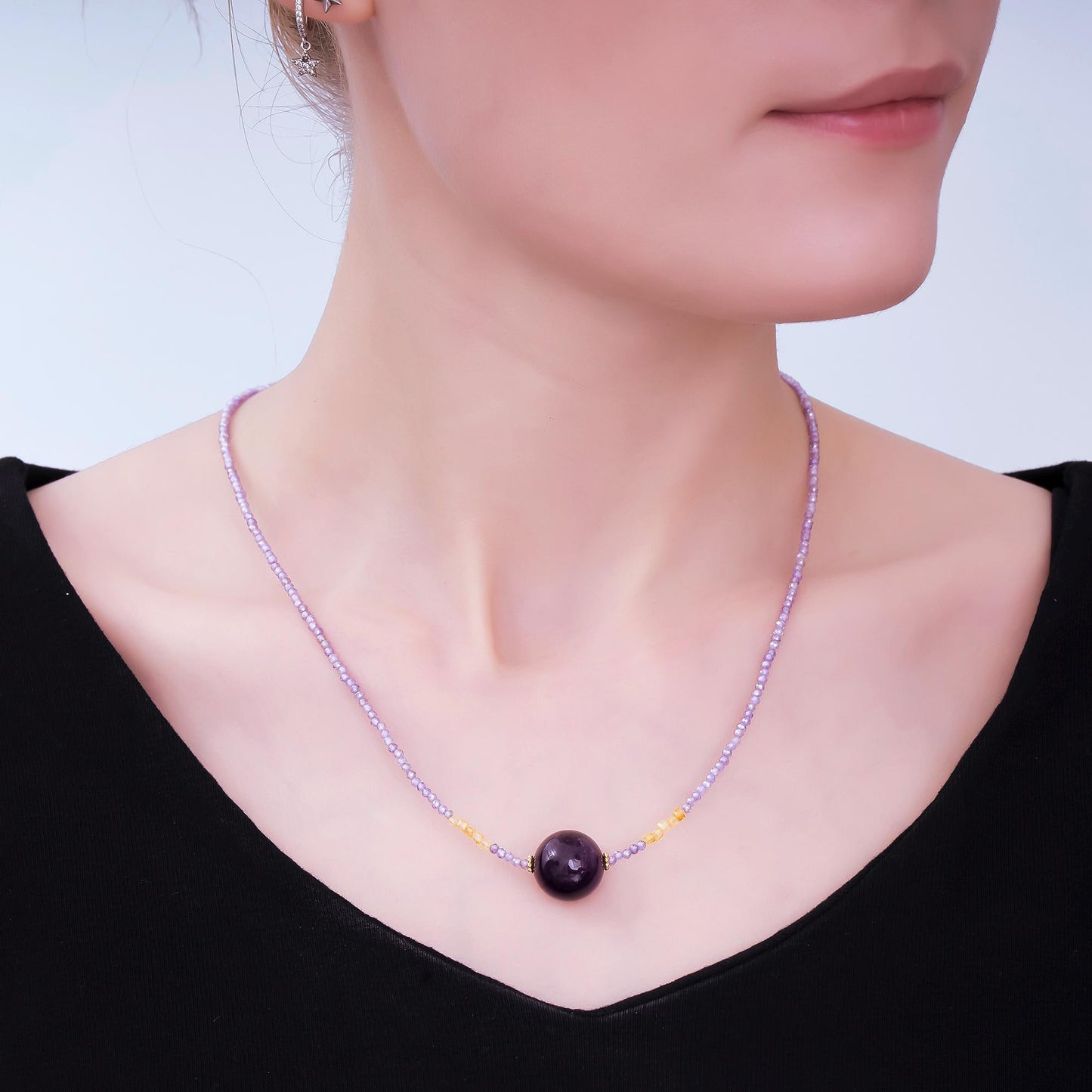 24K Gold Filled Amethyst Natural Gemstone Shades of Purple Beaded Chain Necklace 16.53 Inch with Extender | WA-3346