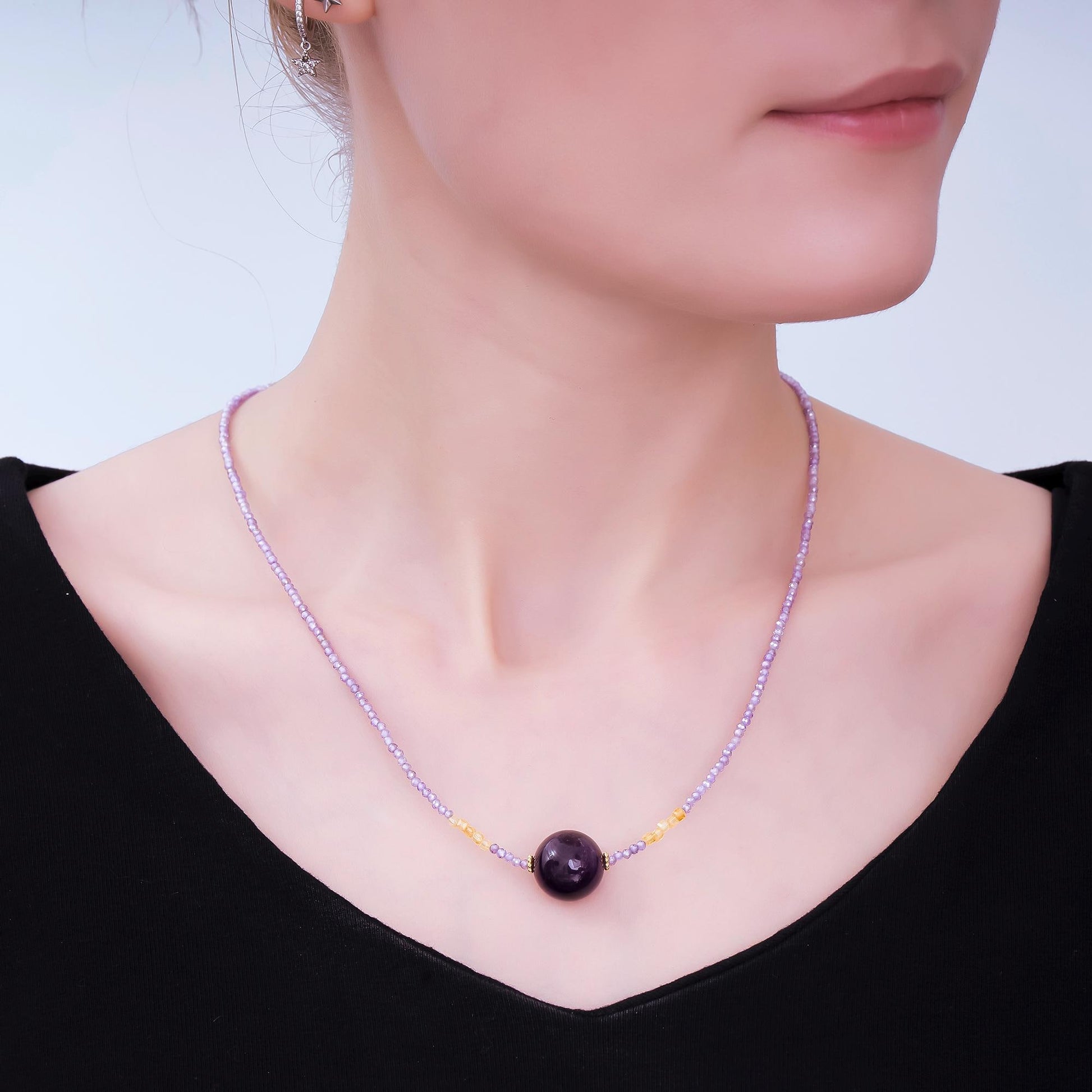 24K Gold Filled Amethyst Natural Gemstone Shades of Purple Beaded Chain Necklace 16.53 Inch with Extender | WA-3346