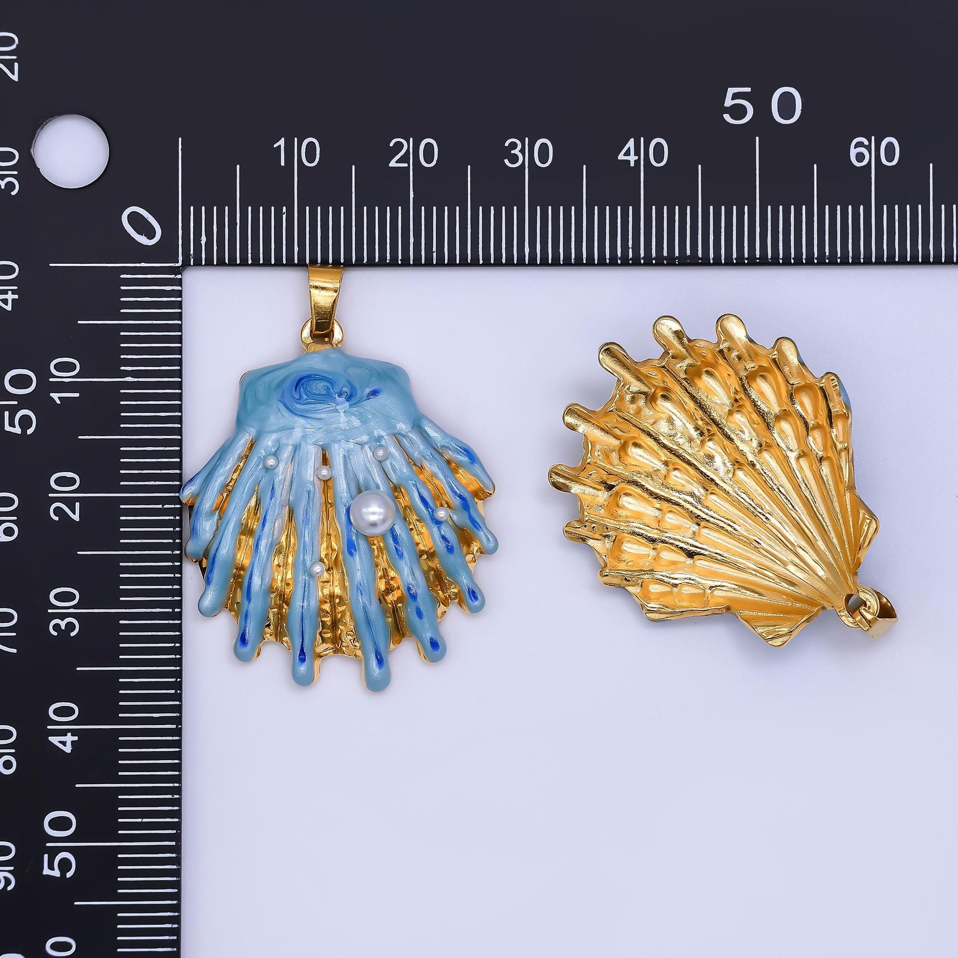 Big PVD Gold Stainless Steel Blue Enamel Clam Shell Charm Beach Jewelry Making Supply | J-169