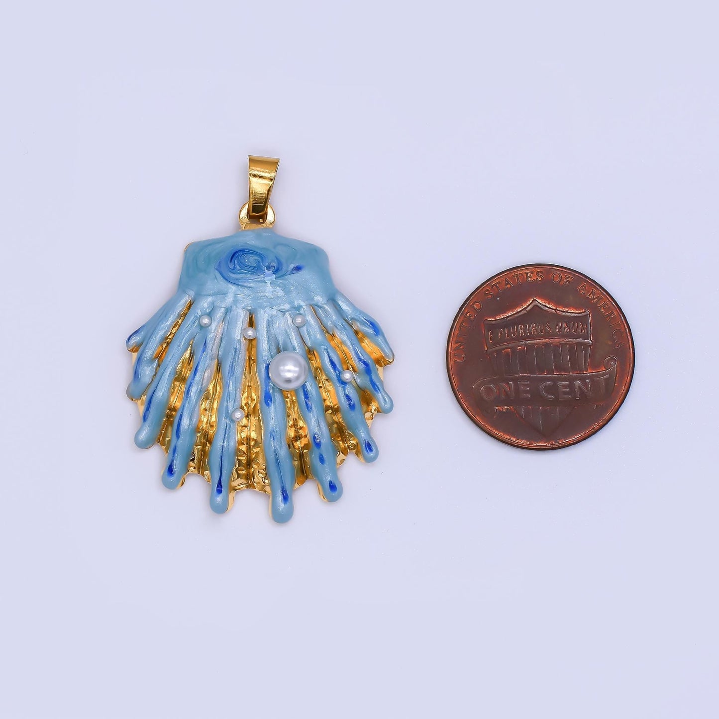 Big PVD Gold Stainless Steel Blue Enamel Clam Shell Charm Beach Jewelry Making Supply | J-169