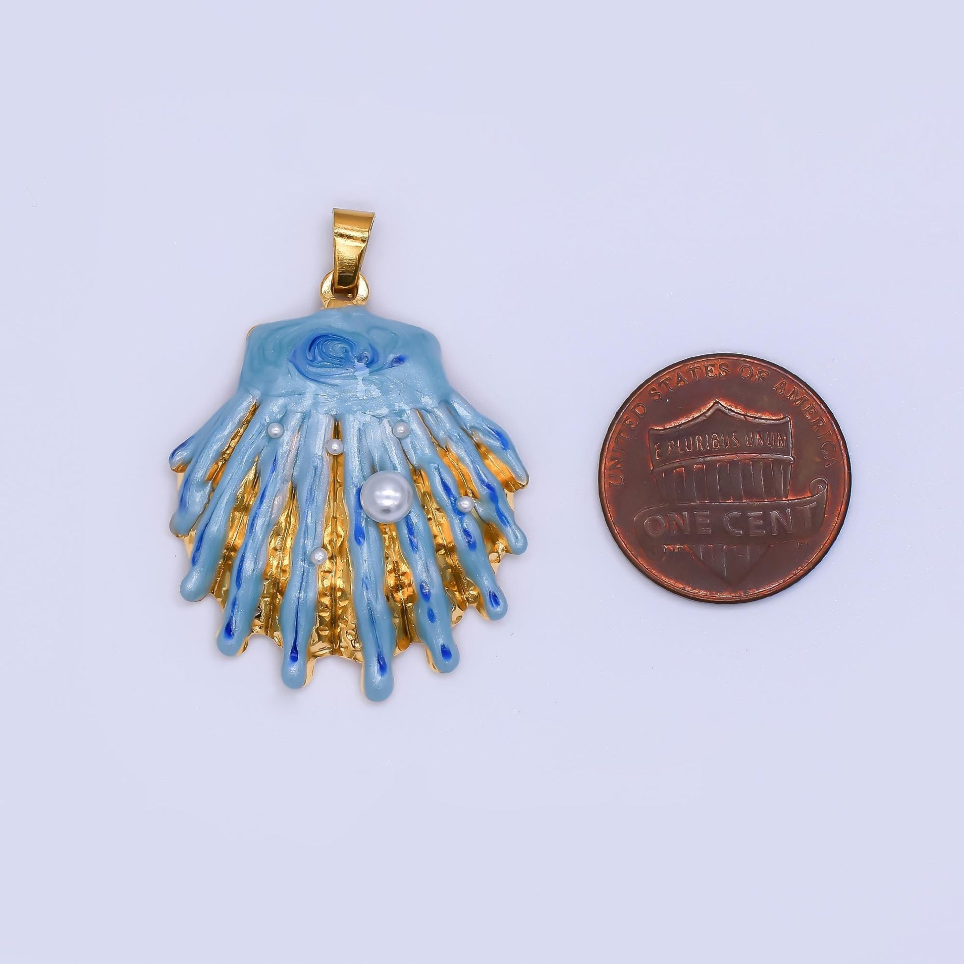 Big PVD Gold Stainless Steel Blue Enamel Clam Shell Charm Beach Jewelry Making Supply | J-169