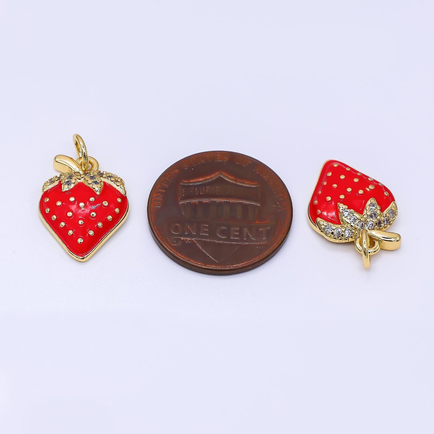 24K Gold Filled 16mm Micro Paved CZ Red Strawberry Fruit Charm | AF-549