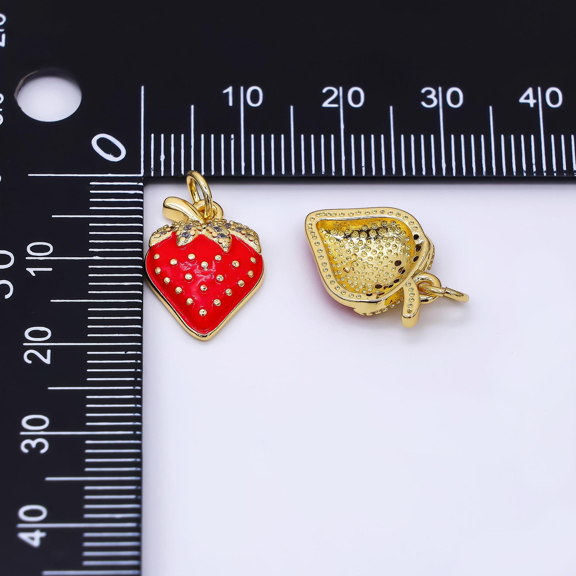 24K Gold Filled 16mm Micro Paved CZ Red Strawberry Fruit Charm | AF-549