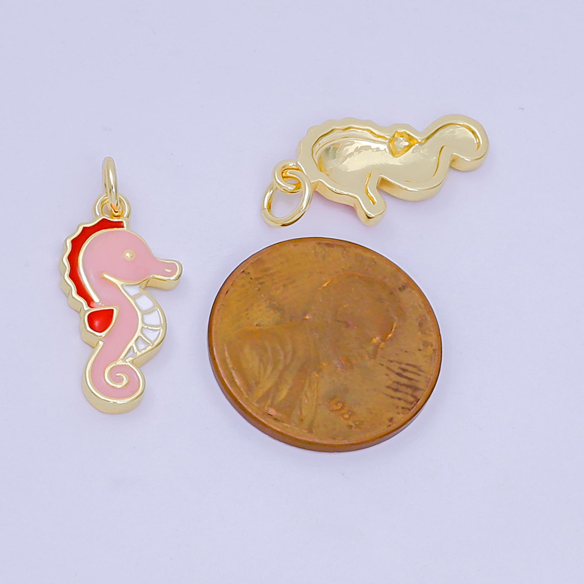 24K Gold Filled 19mm Pink Enamel Ocean Seahorse Animal Charm | D-532