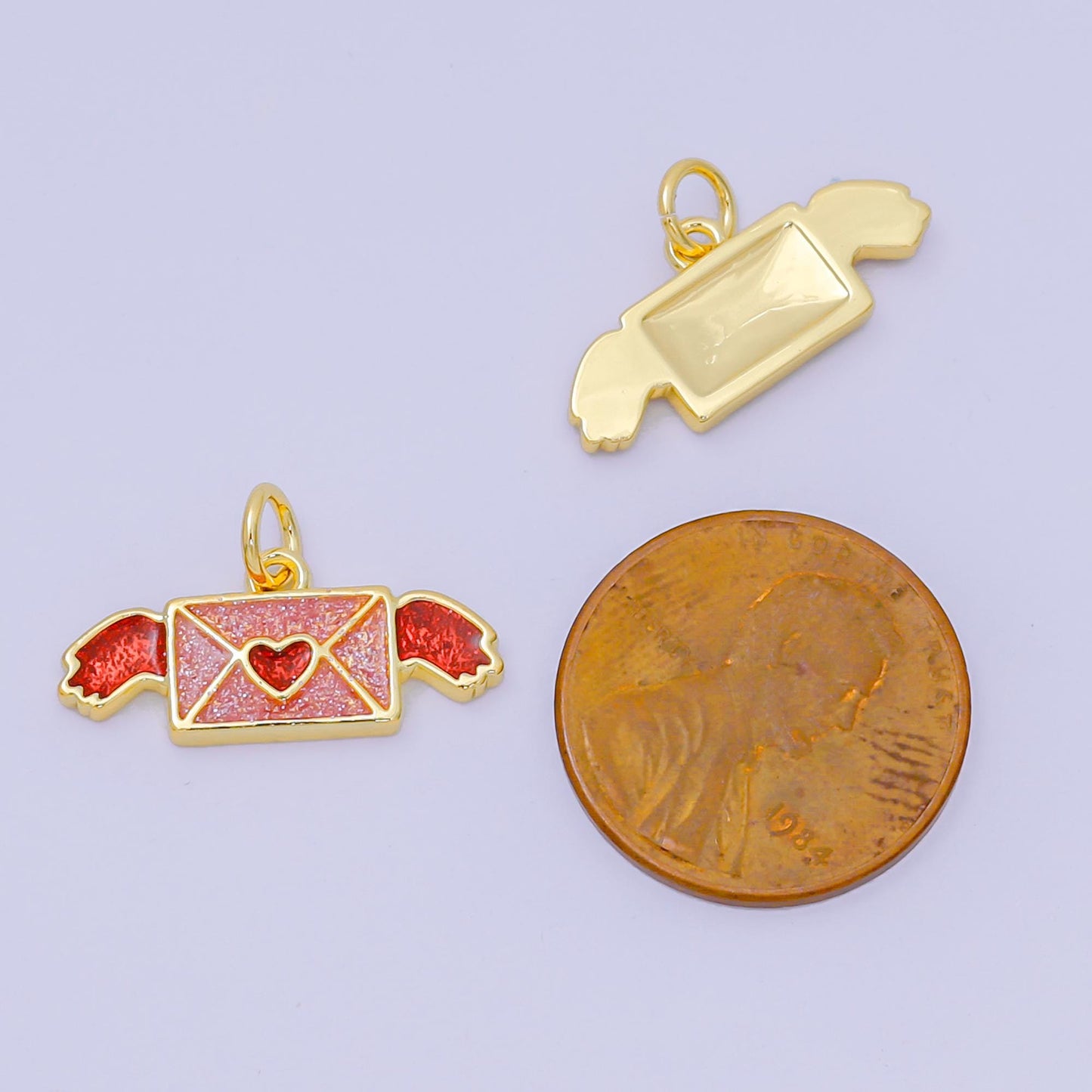 24K Gold Filled 9mm Rose Red Enamel Romantic Love Letter Delivery Wings Charm | D-562
