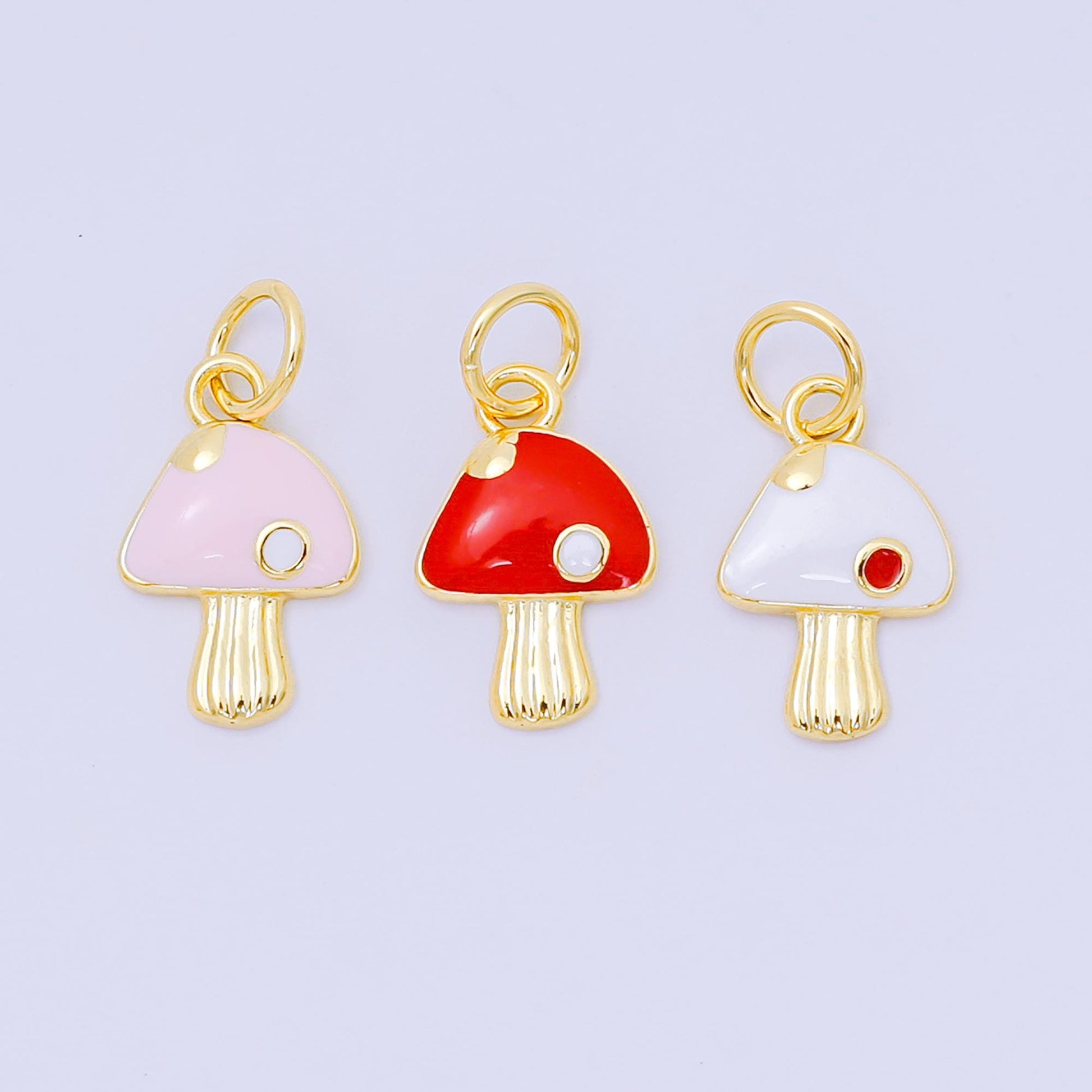 24K Gold Filled 13mm Wild Forest Mushroom Charm in Red, Pink, & White | D-627 D-663