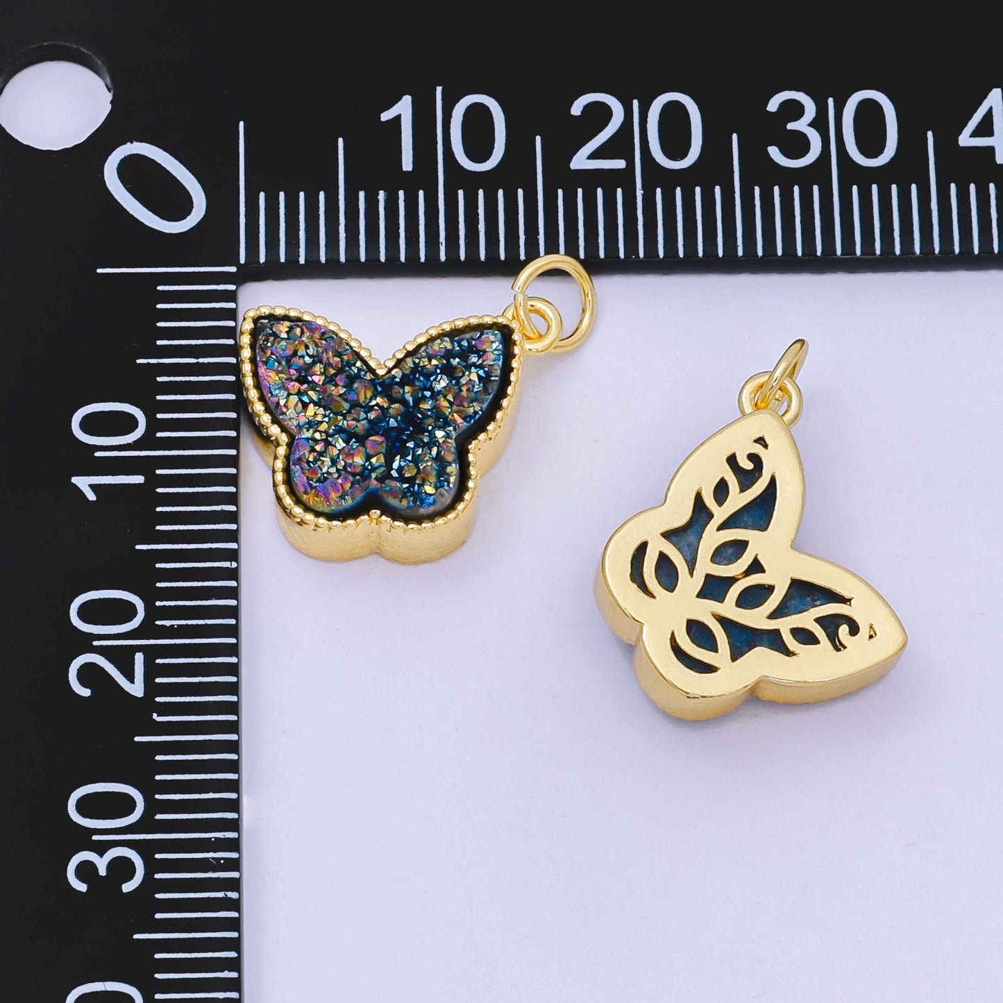 24K Gold Filled 14mm Glittery Multicolor Butterfly Druzy Stone Animal Charm | D-668 D-677 D-700 D-708 D-757 D-796 D-810
