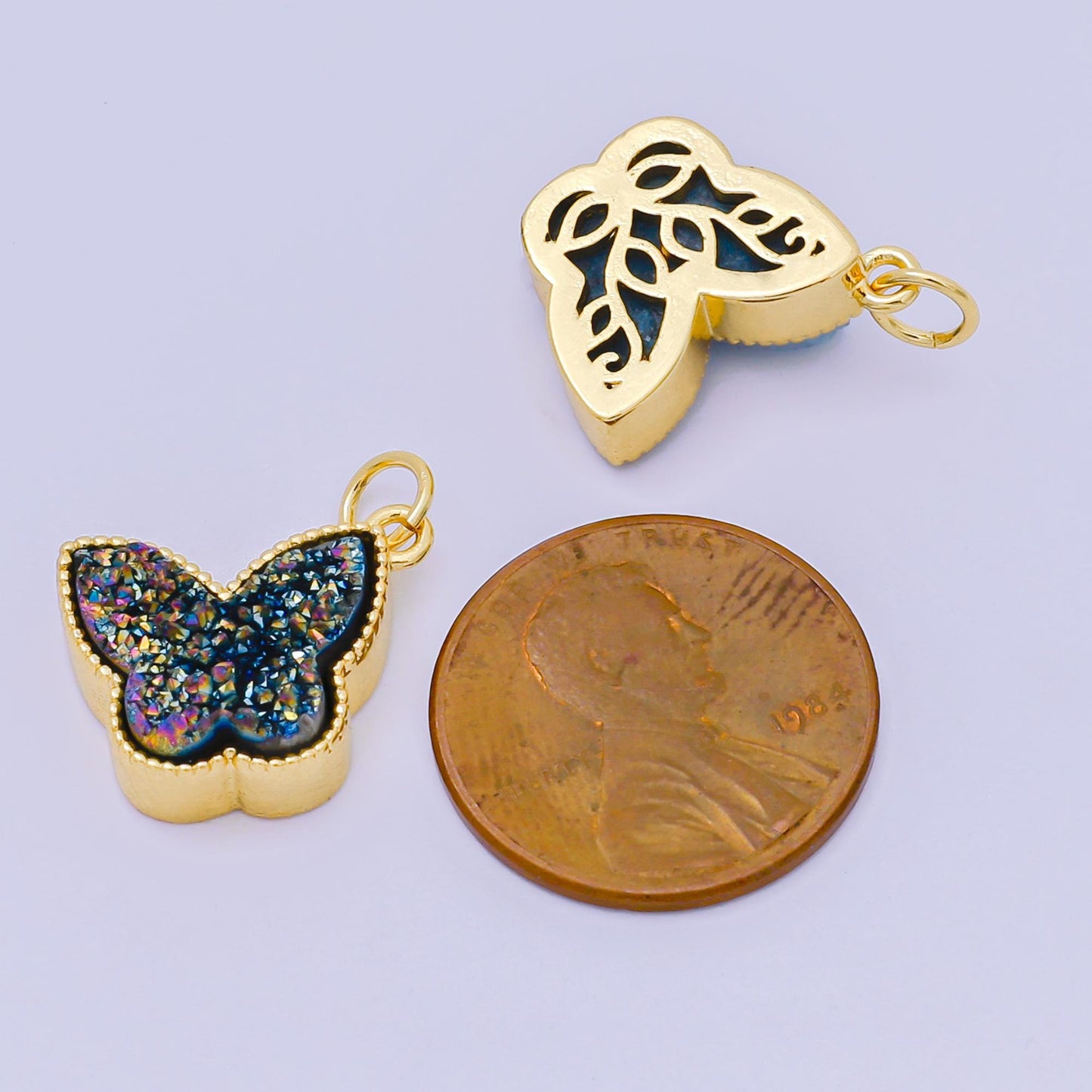 24K Gold Filled 14mm Glittery Multicolor Butterfly Druzy Stone Animal Charm | D-668 D-677 D-700 D-708 D-757 D-796 D-810