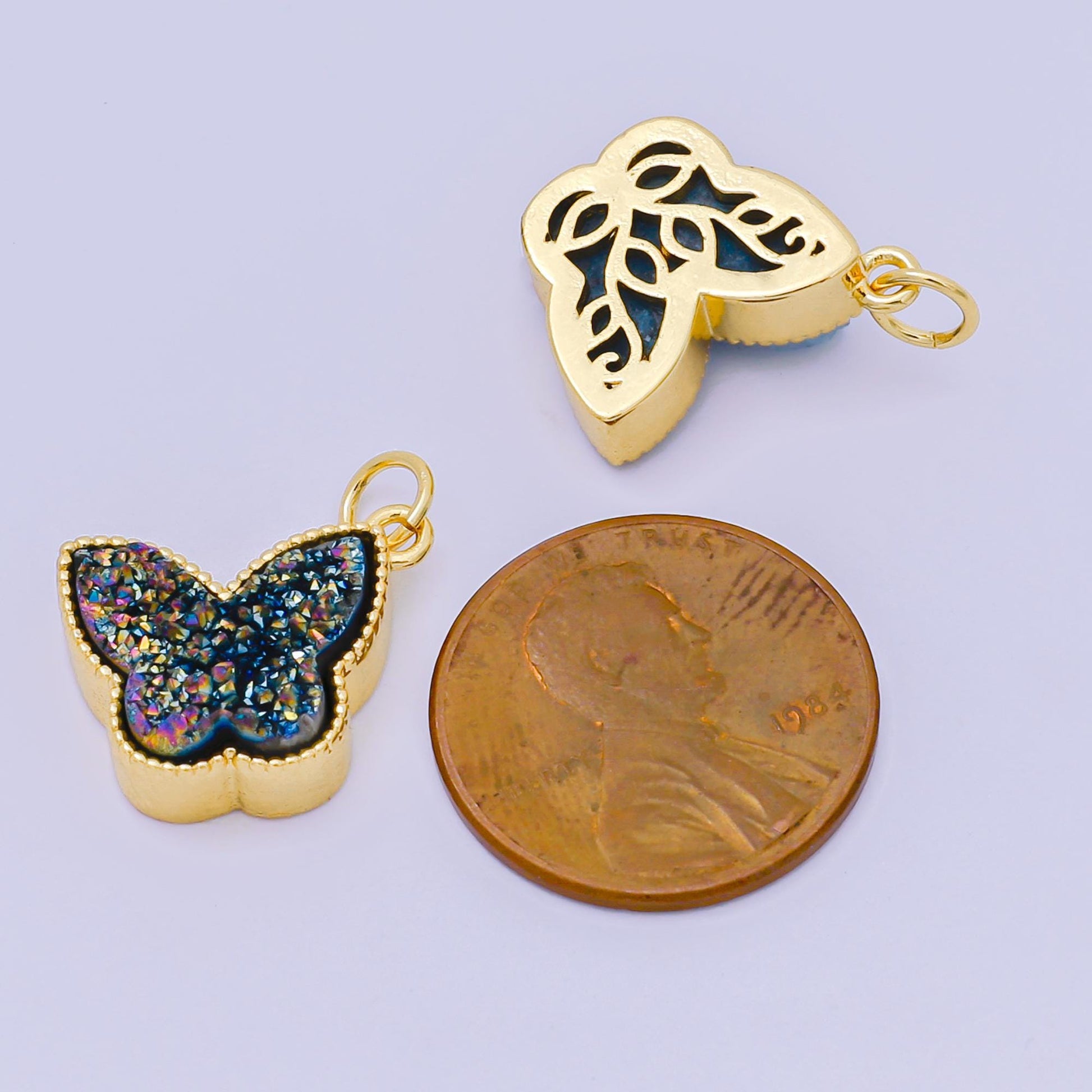 24K Gold Filled 14mm Glittery Multicolor Butterfly Druzy Stone Animal Charm | D-668 D-677 D-700 D-708 D-757 D-796 D-810