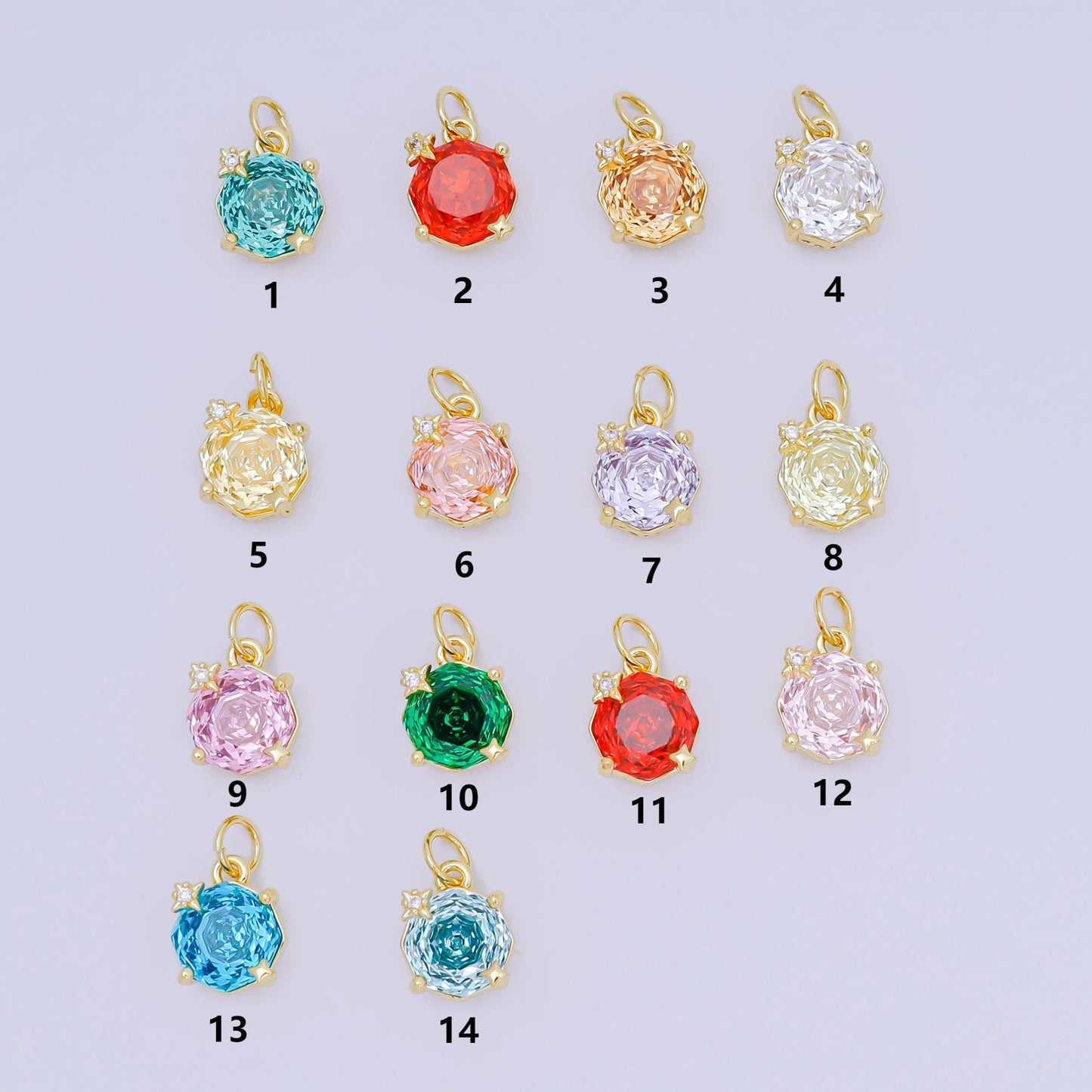 24K Gold Filled 11mm Round CZ Celestial Star Birthstone Charm | M-102 - M-106 M-197 M-212