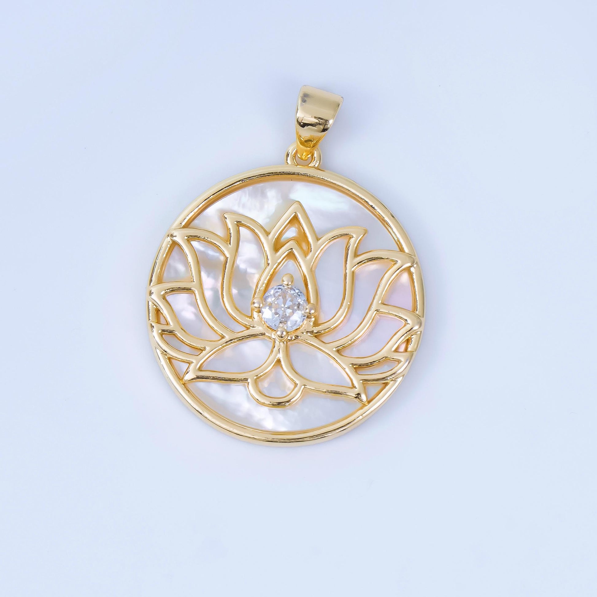 24K Gold Filled 26mm CZ Shell Pearl White Lotus Flower Medallion Pendant | AA-1605