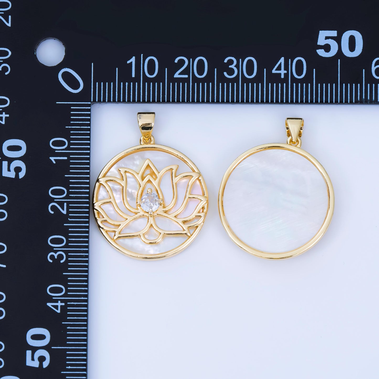 24K Gold Filled 26mm CZ Shell Pearl White Lotus Flower Medallion Pendant | AA-1605