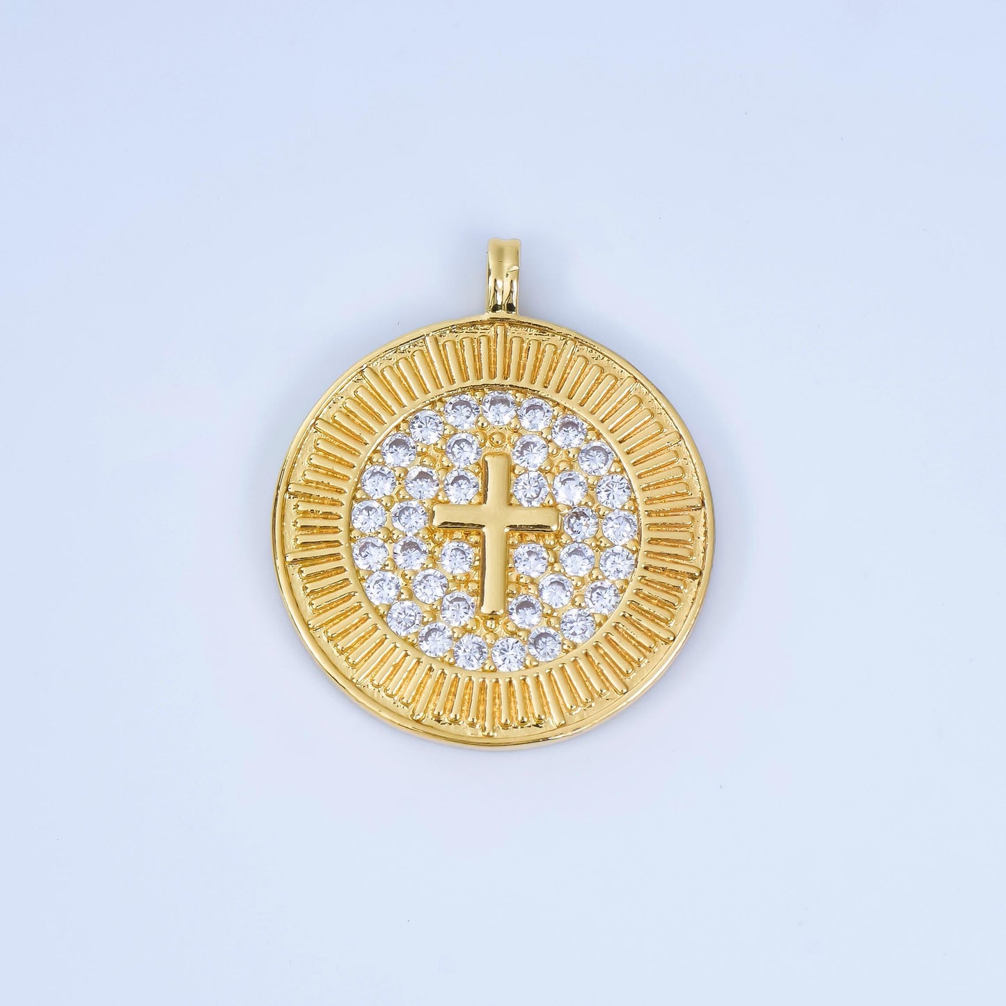 24K Gold Filled 25mm Religious Cross Micro Paved CZ Ribbed Round Medallion Pendant | AA1606