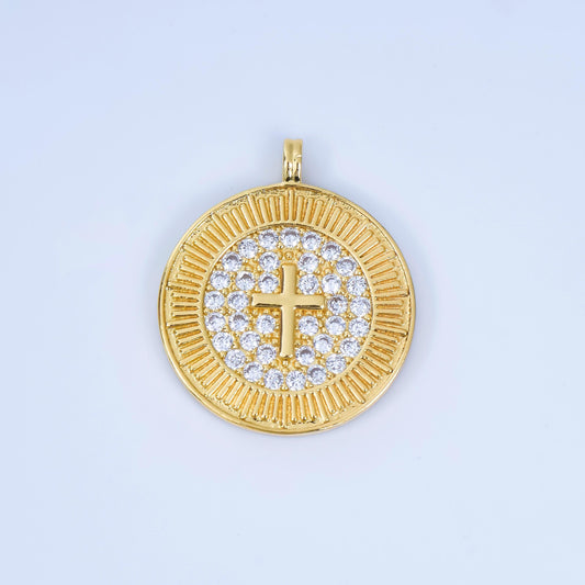 24K Gold Filled 25mm Religious Cross Micro Paved CZ Ribbed Round Medallion Pendant | AA1606