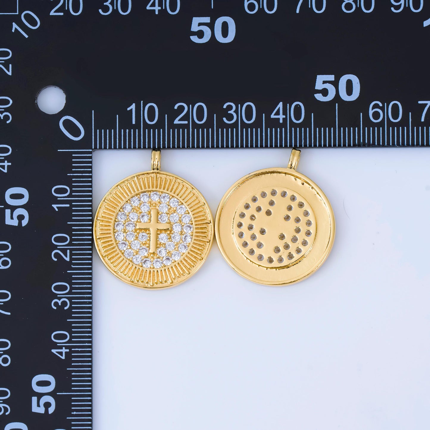 24K Gold Filled 25mm Religious Cross Micro Paved CZ Ribbed Round Medallion Pendant | AA1606