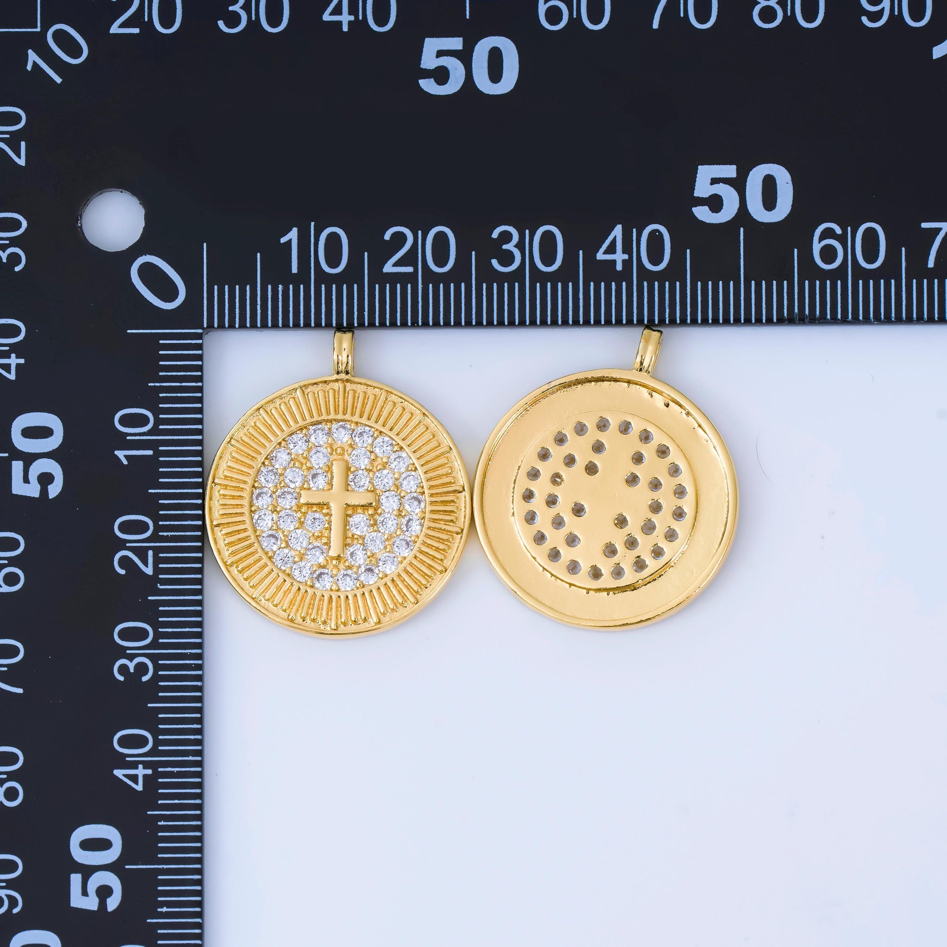 24K Gold Filled 25mm Religious Cross Micro Paved CZ Ribbed Round Medallion Pendant | AA1606