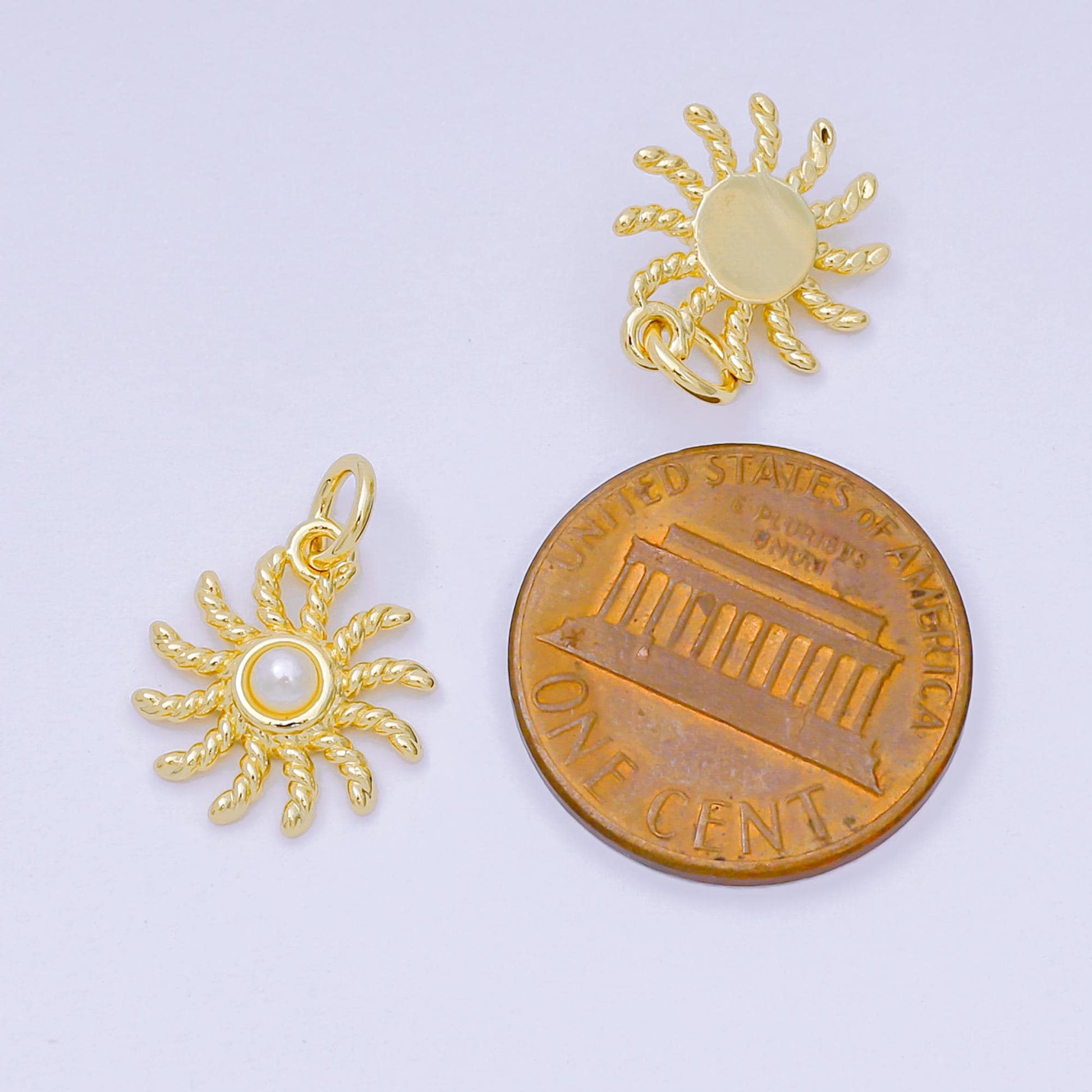 24K Gold Filled 23mm Shell Pearl Twirly Celestial Sun Sunray Charm | D-274