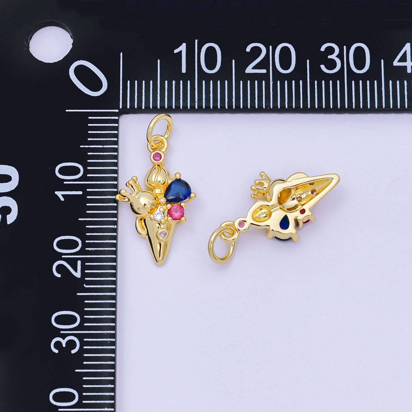 24K Gold Filled 17mm Blue Fuchsia CZ Palace Theme Crown Ice Cream Charm | D-284