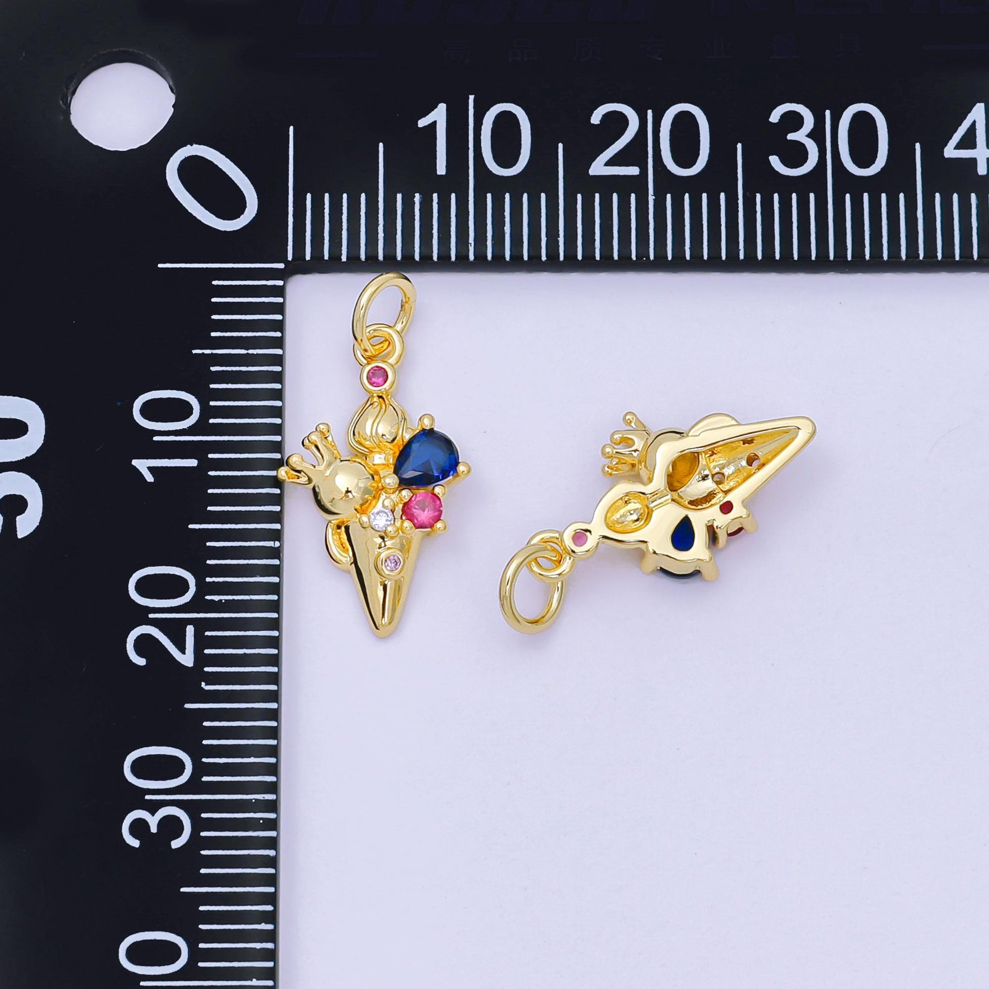 24K Gold Filled 17mm Blue Fuchsia CZ Palace Theme Crown Ice Cream Charm | D-284