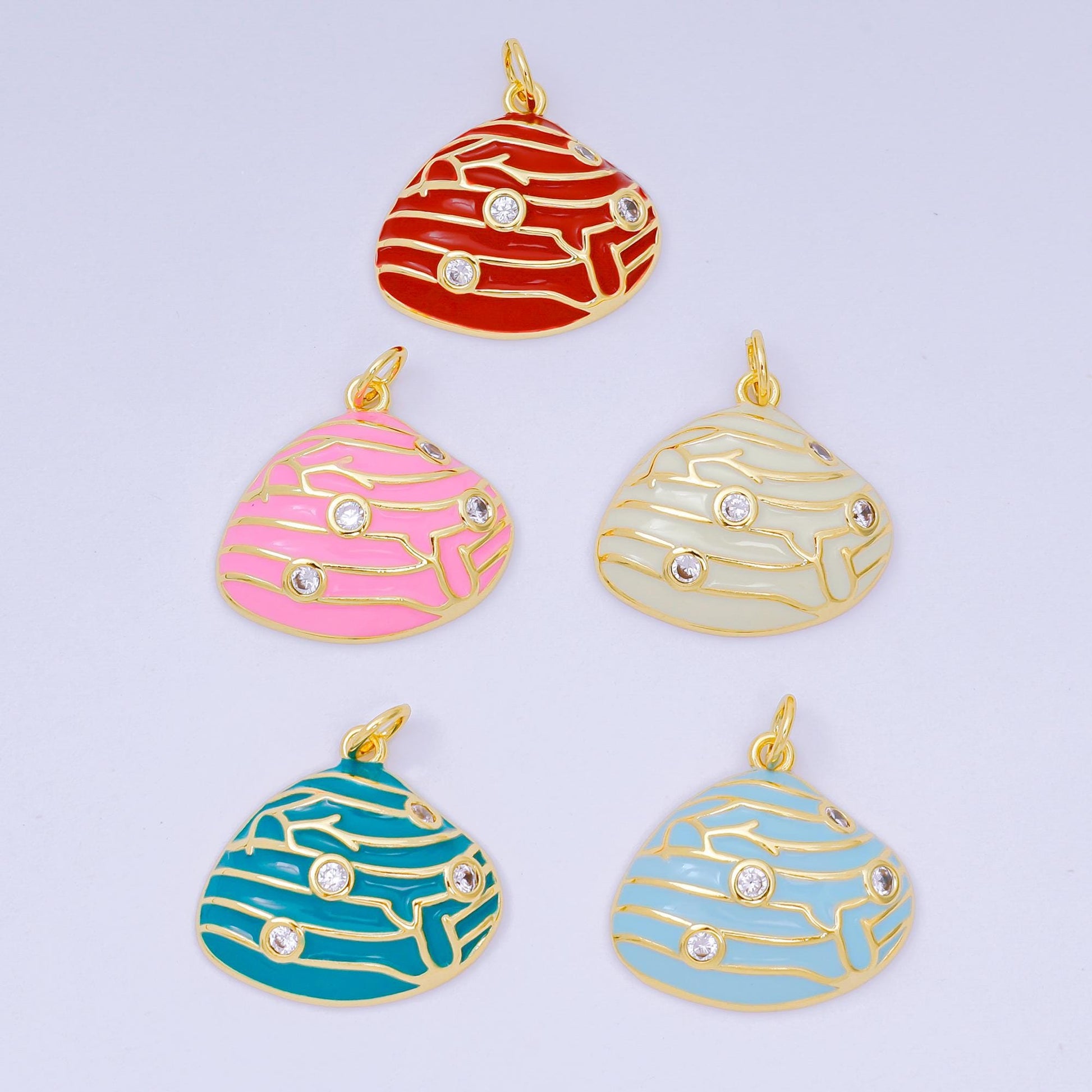 24K Gold Filled 18mm Round CZ Enamel Art Ocean Rock Shell Coral Charm in Red, Pink, & Green | D-166 D-126 D-240