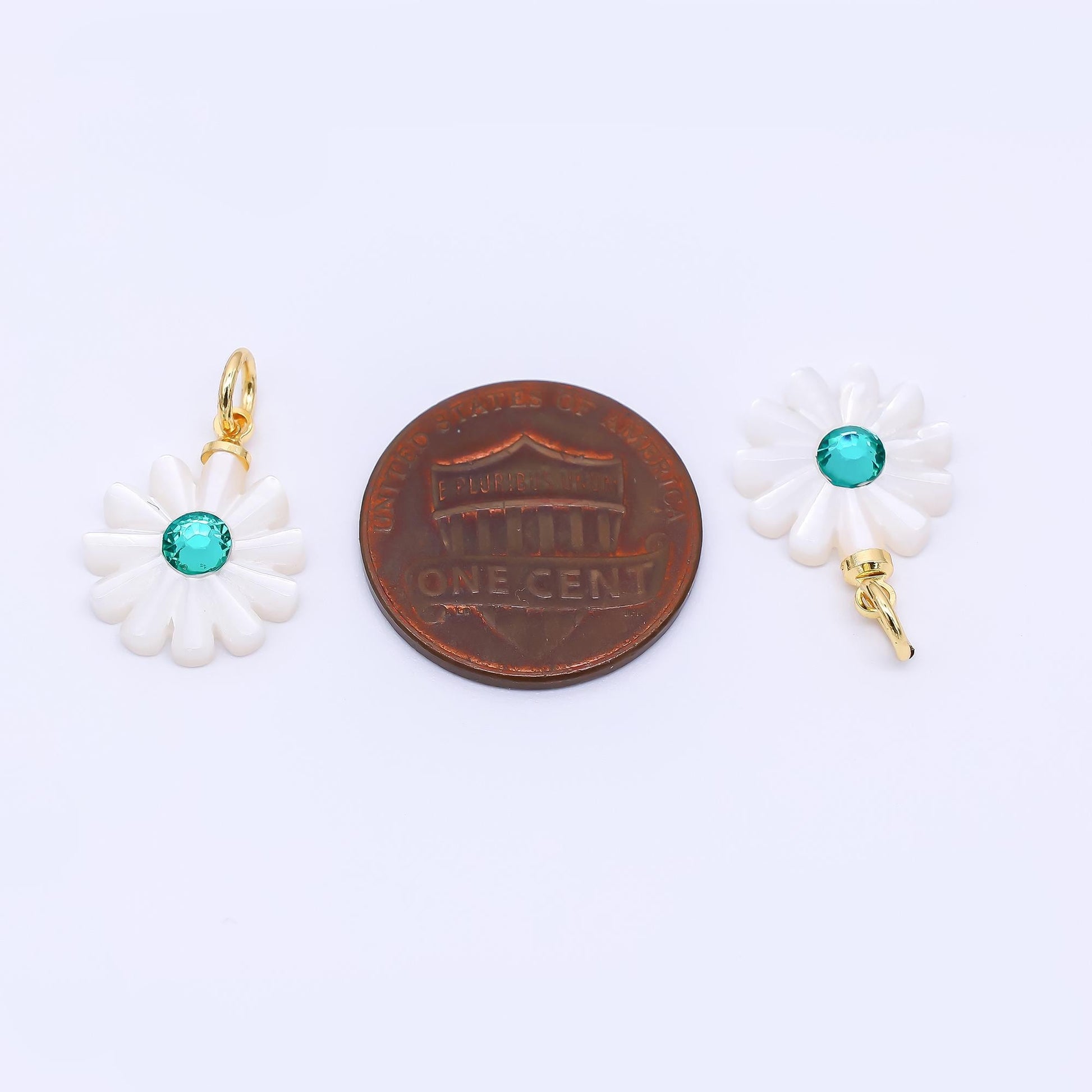24K Gold Filled 15mm Turquoise Green CZ Sea Shell Pearl Pure White Blooming Flower Charm | P-1809