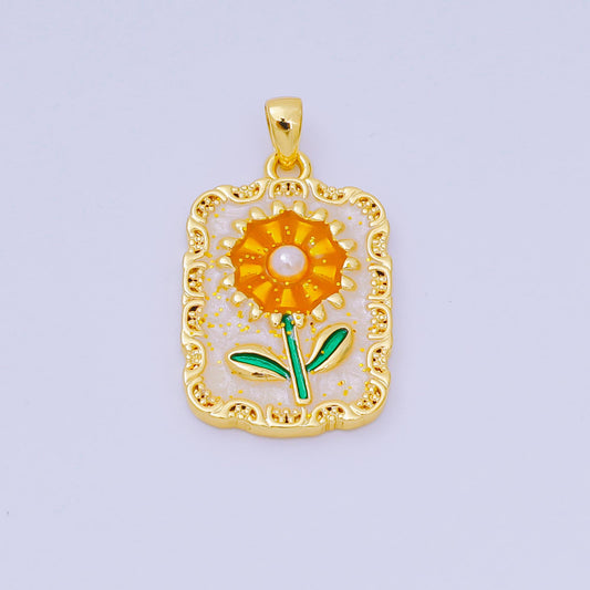 24K Gold Filled 24mm Enamel Art Sunflower Medallion Pendant | AA-1603