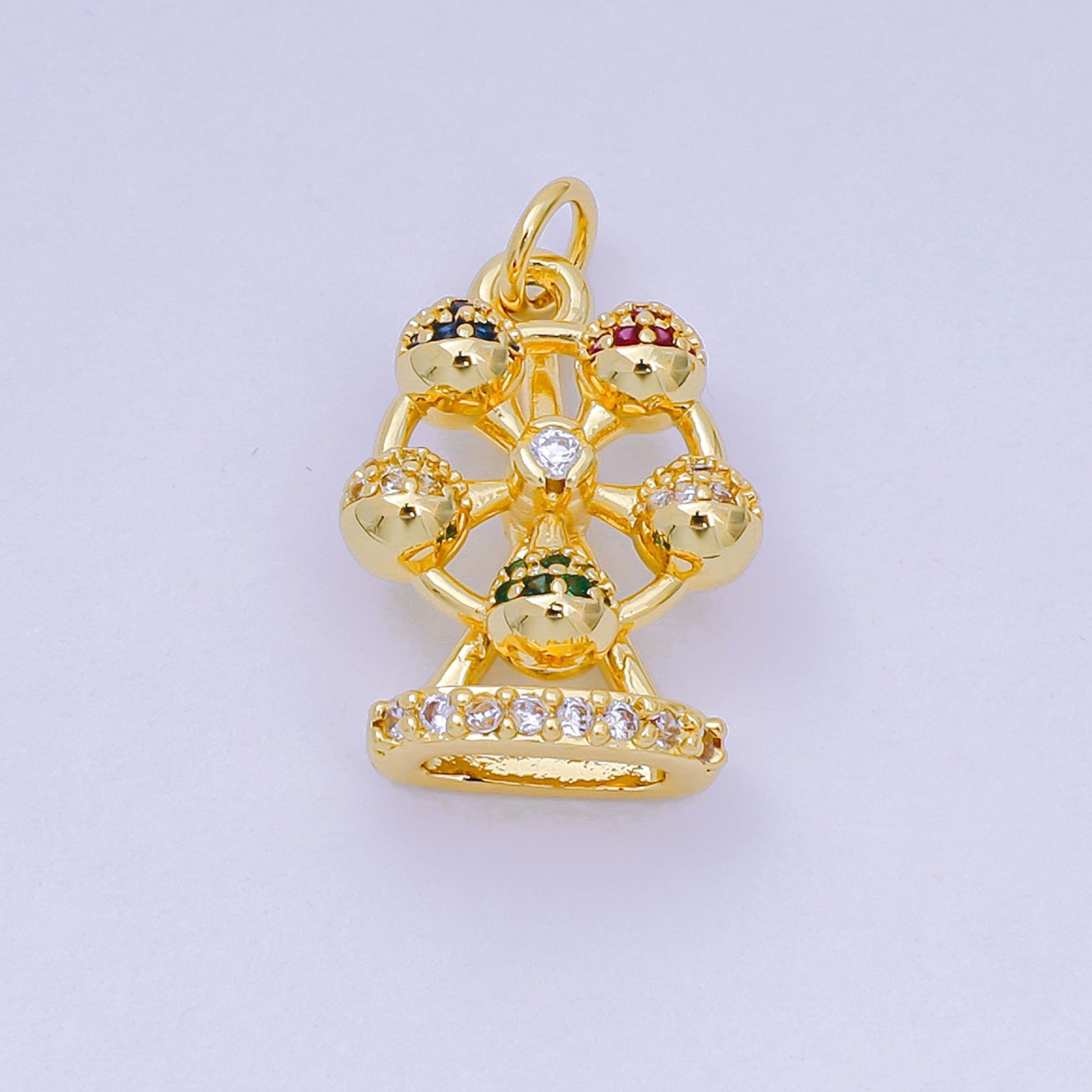 24K Gold Filled 19mm Emerald Green, Blue & Purple Micro Paved CZ Ferris Wheel Carnival Park Charm | D-253