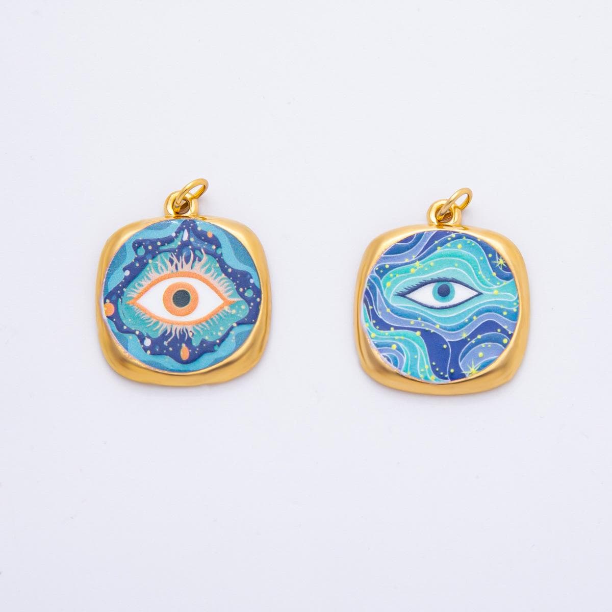 Embossed Design Enamel Painting Evil Eye Square Pendant Charm PVD Gold Plated Frame Amulet Jewelry Bohemian Inspired J-664