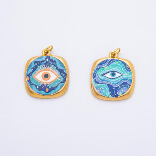Embossed Design Enamel Painting Evil Eye Square Pendant Charm PVD Gold Plated Frame Amulet Jewelry Bohemian Inspired J-664