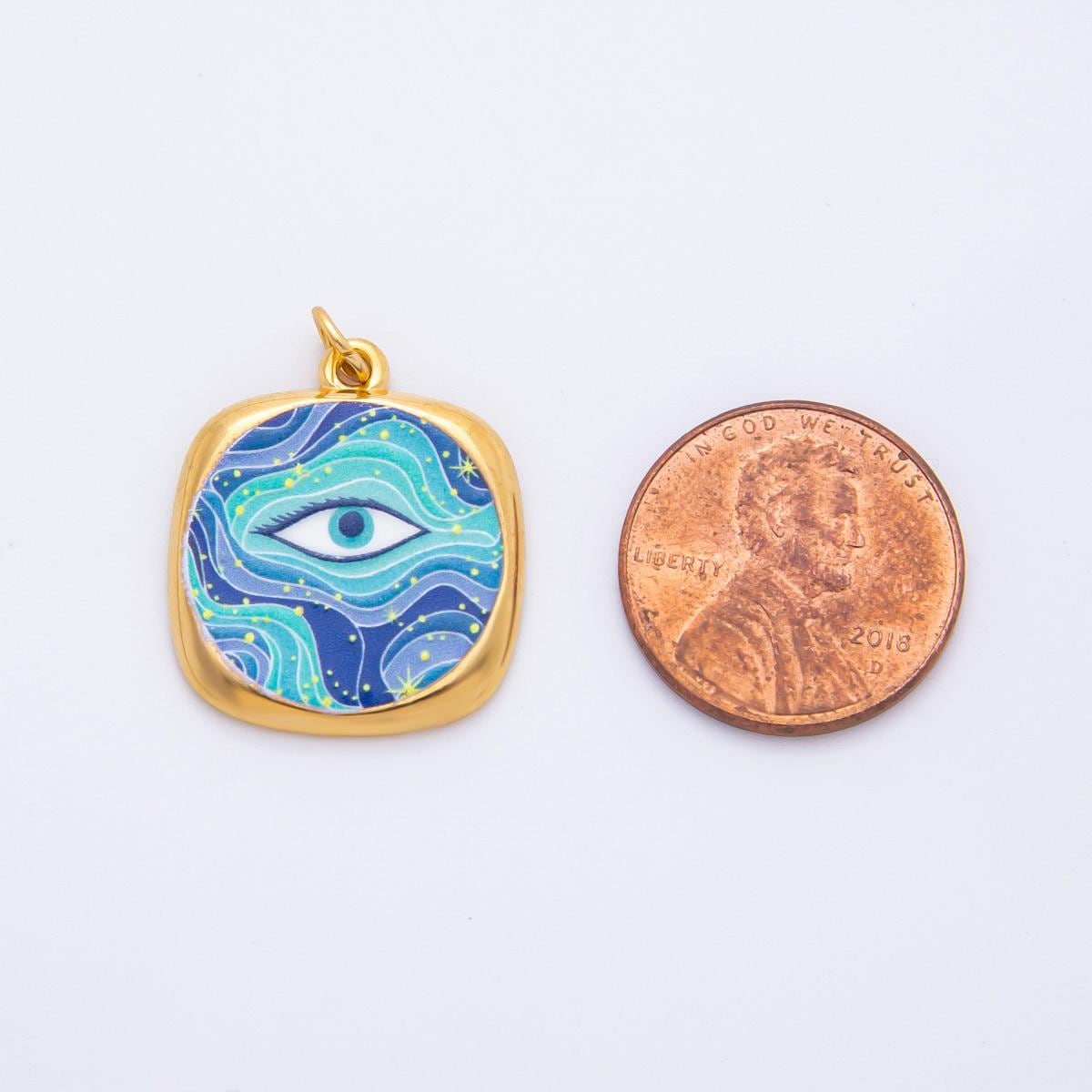 Embossed Design Enamel Painting Evil Eye Square Pendant Charm PVD Gold Plated Frame Amulet Jewelry Bohemian Inspired J-664