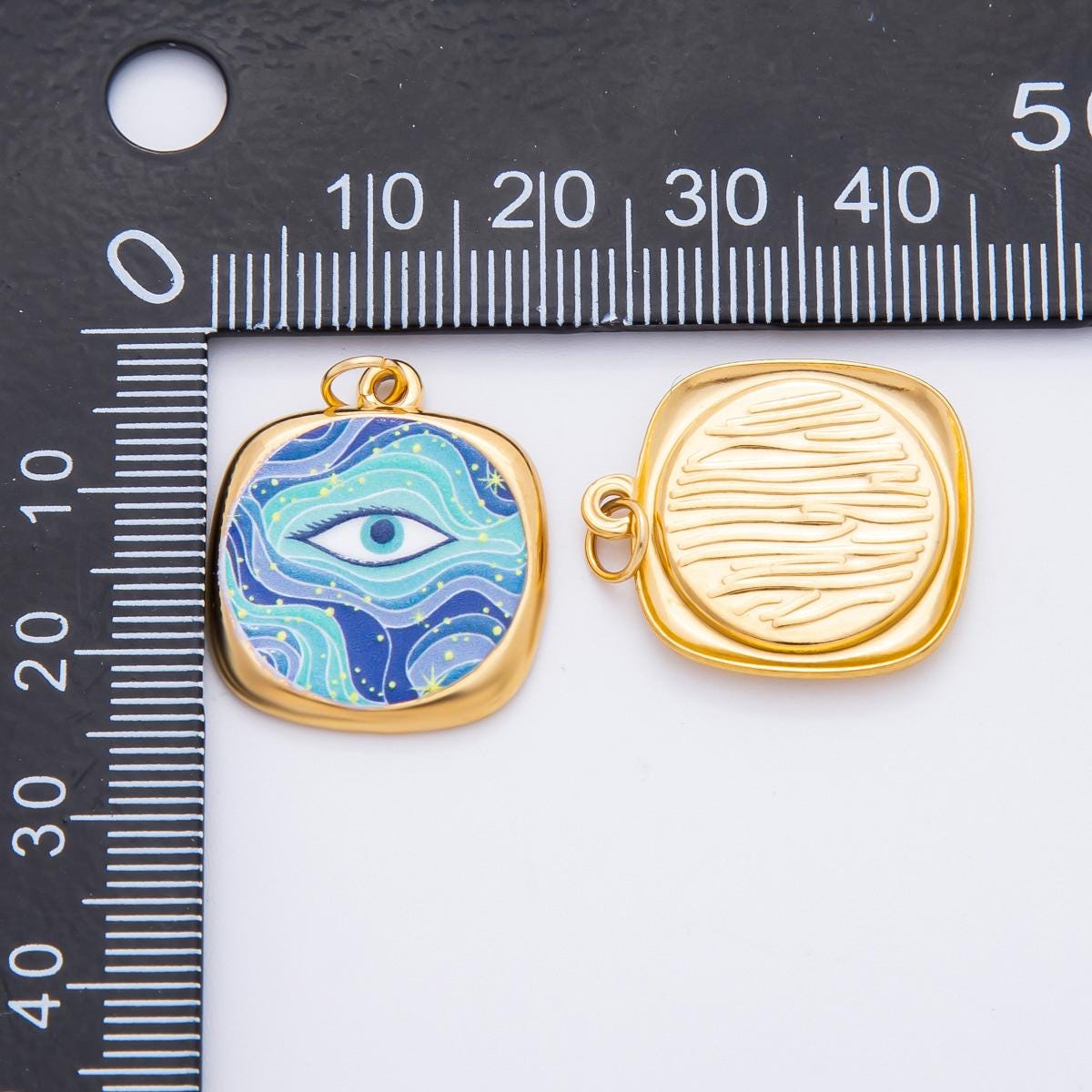 Embossed Design Enamel Painting Evil Eye Square Pendant Charm PVD Gold Plated Frame Amulet Jewelry Bohemian Inspired J-664