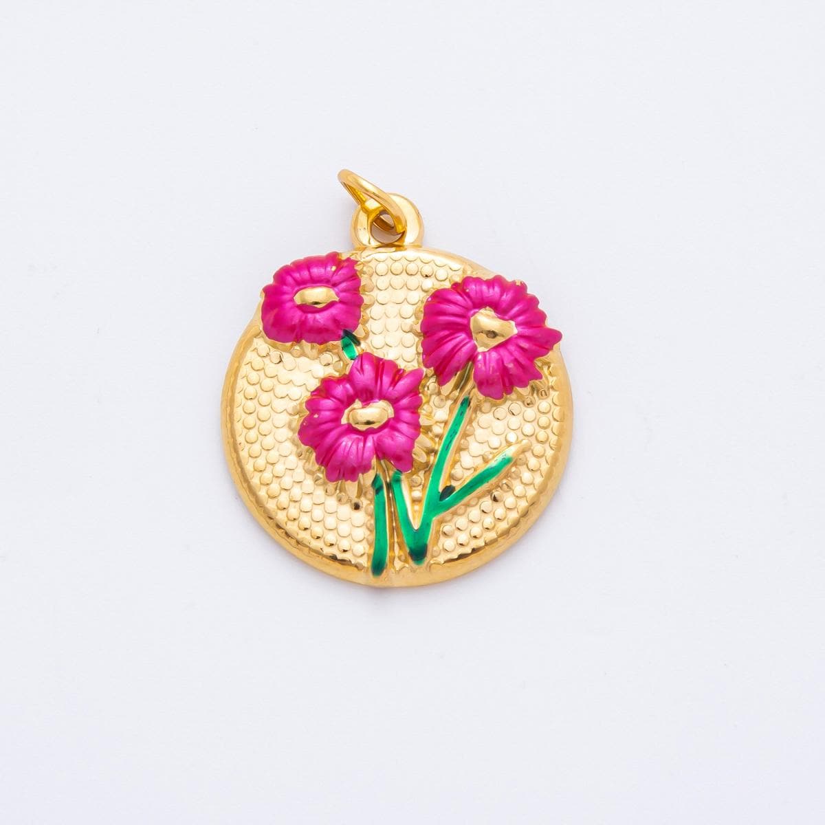 Embossed Flower Enamel Coin Pendant Charm PVD Gold Plated Red White Floral Jewelry Vintage Inspired J-683