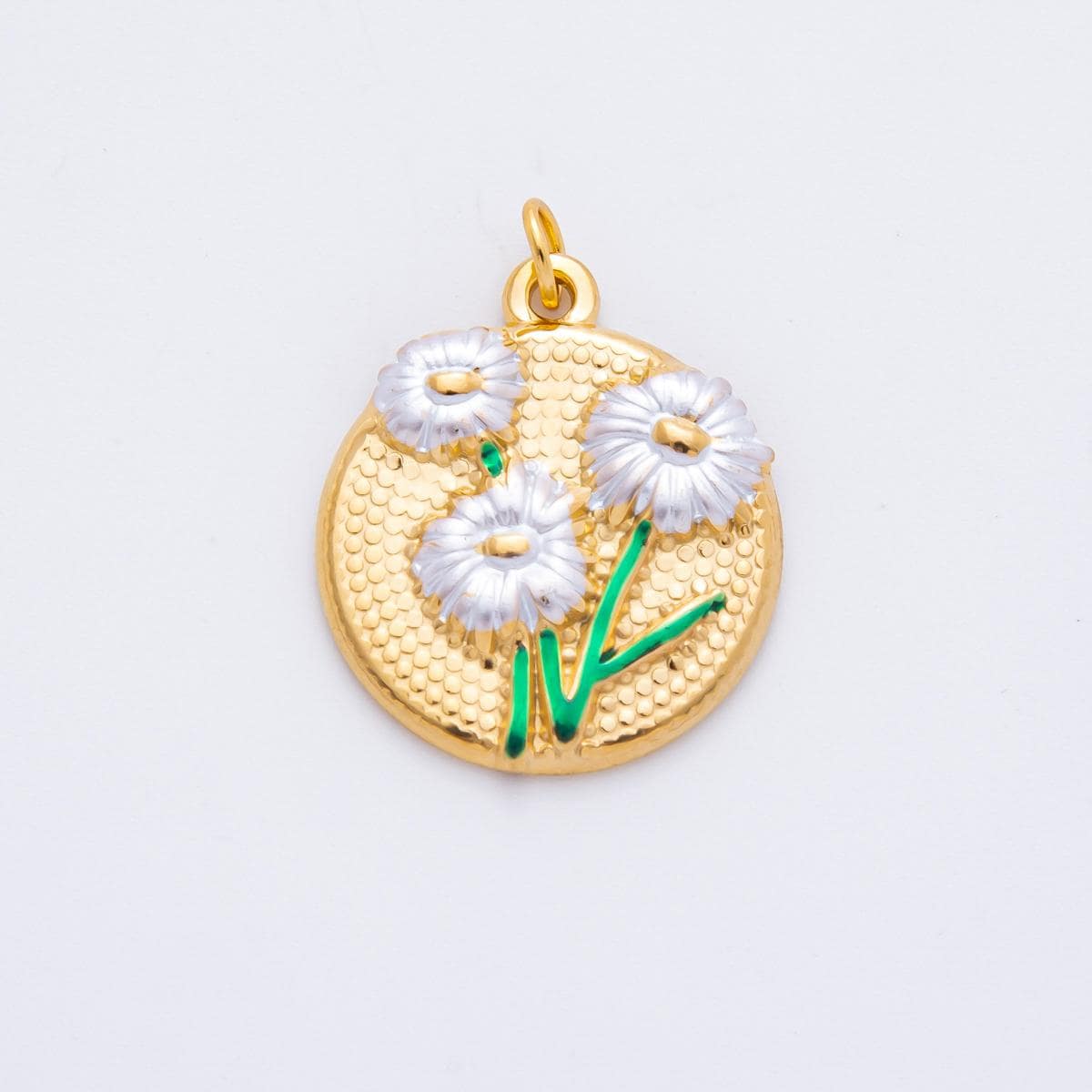 Embossed Flower Enamel Coin Pendant Charm PVD Gold Plated Red White Floral Jewelry Vintage Inspired J-683