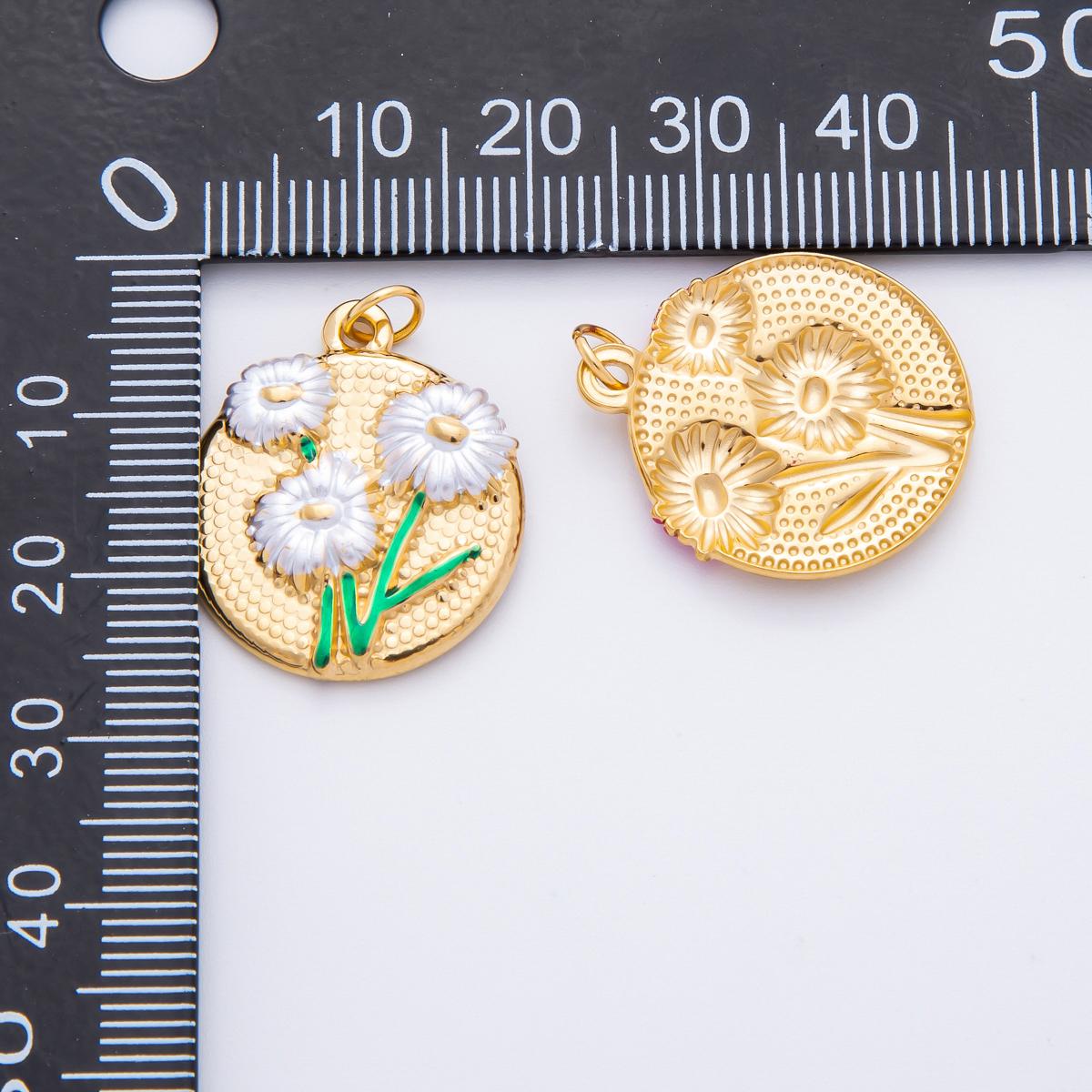Embossed Flower Enamel Coin Pendant Charm PVD Gold Plated Red White Floral Jewelry Vintage Inspired J-683