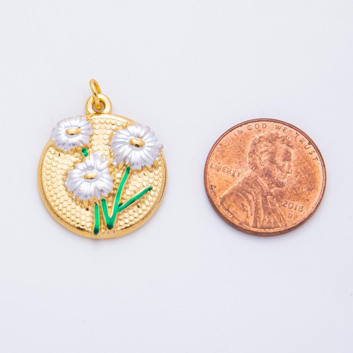 Embossed Flower Enamel Coin Pendant Charm PVD Gold Plated Red White Floral Jewelry Vintage Inspired J-683