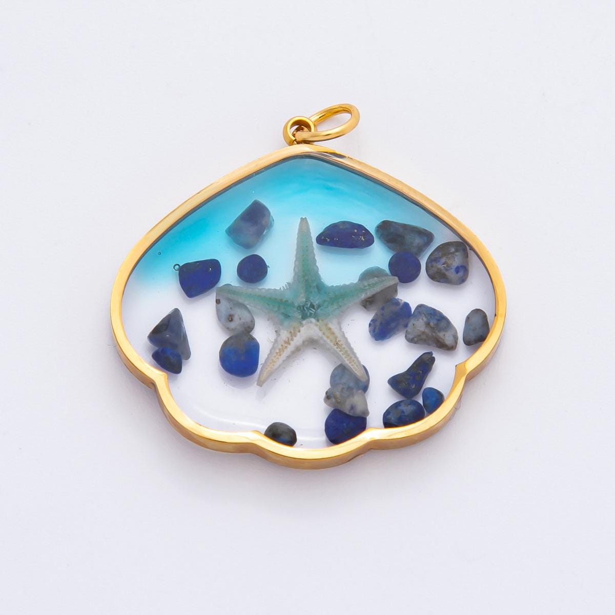 Blue STARFISH Pendant PVD Gold Stainless Steel Star Fish Ocean-Inspired Statement Jewelry, Enamel Necklace Charm J-696