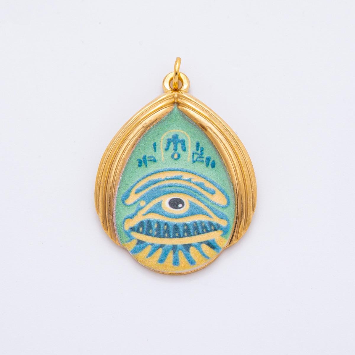 Embossed Design Enamel Painting Evil Eye Teardrop Pendant Charm PVD Gold Plated Frame Amulet Jewelry Bohemian Inspired J-699