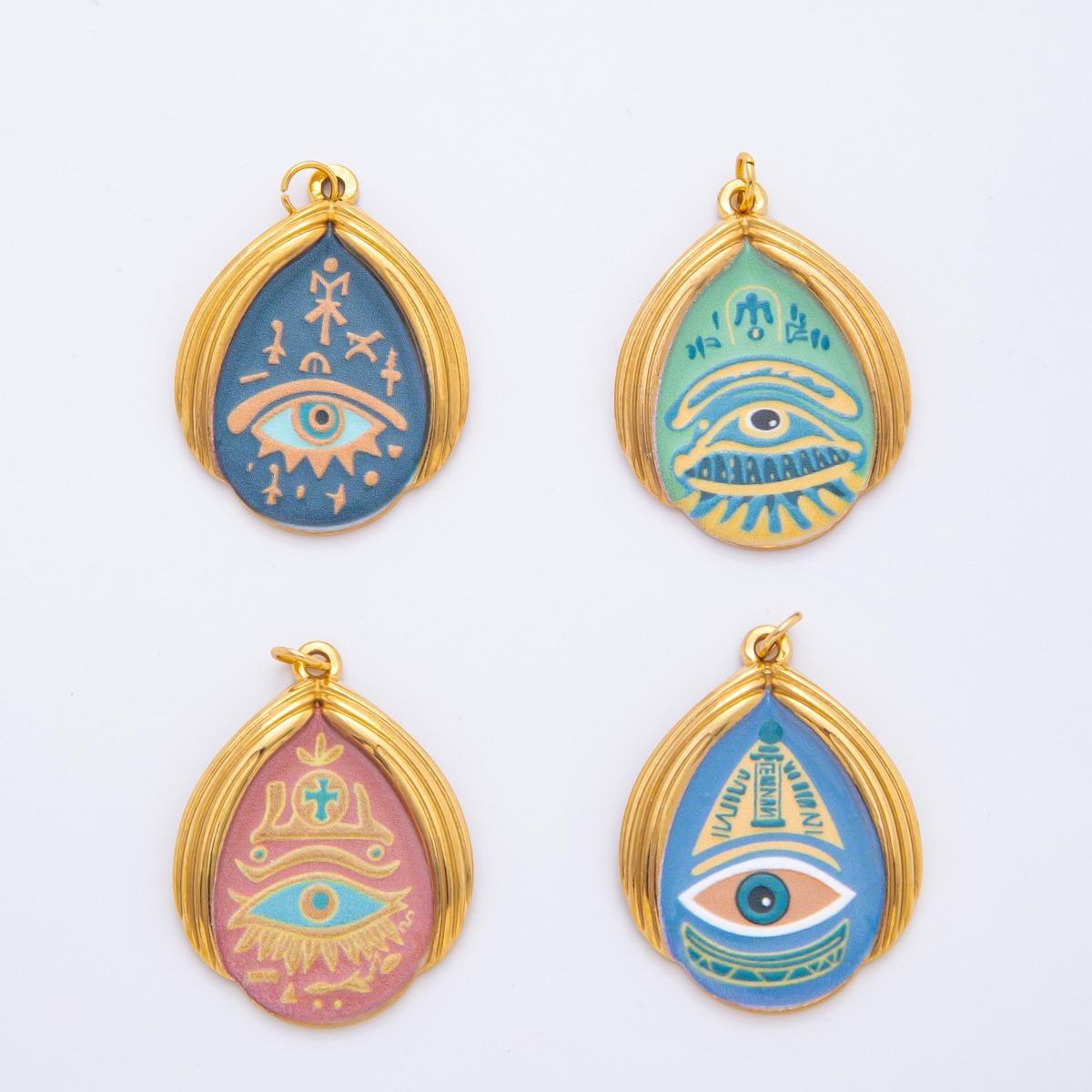 Embossed Design Enamel Painting Evil Eye Teardrop Pendant Charm PVD Gold Plated Frame Amulet Jewelry Bohemian Inspired J-699