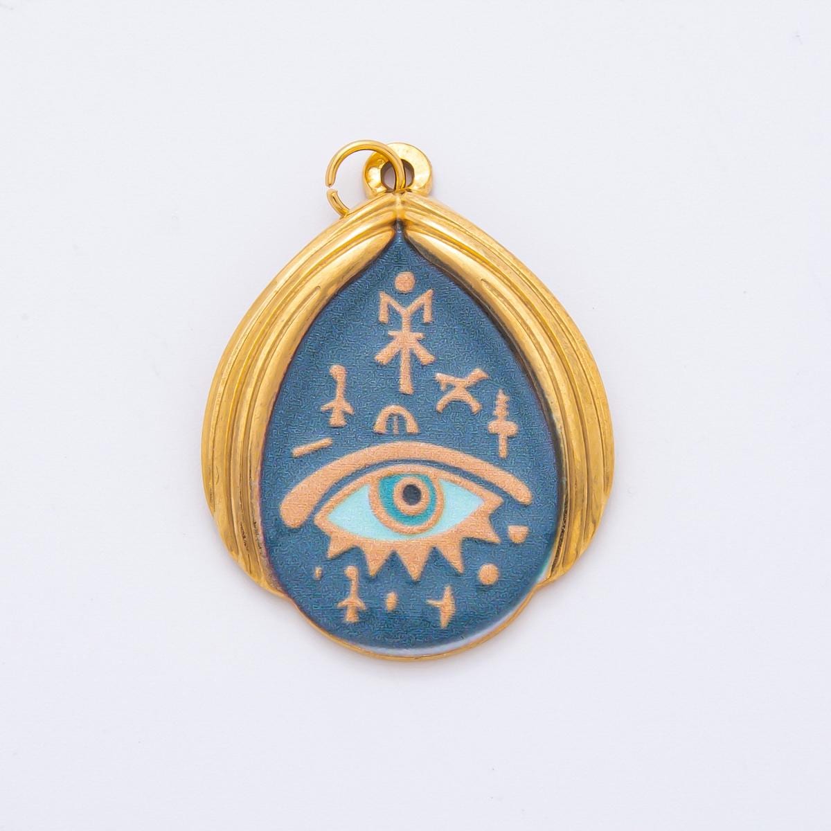 Embossed Design Enamel Painting Evil Eye Teardrop Pendant Charm PVD Gold Plated Frame Amulet Jewelry Bohemian Inspired J-699
