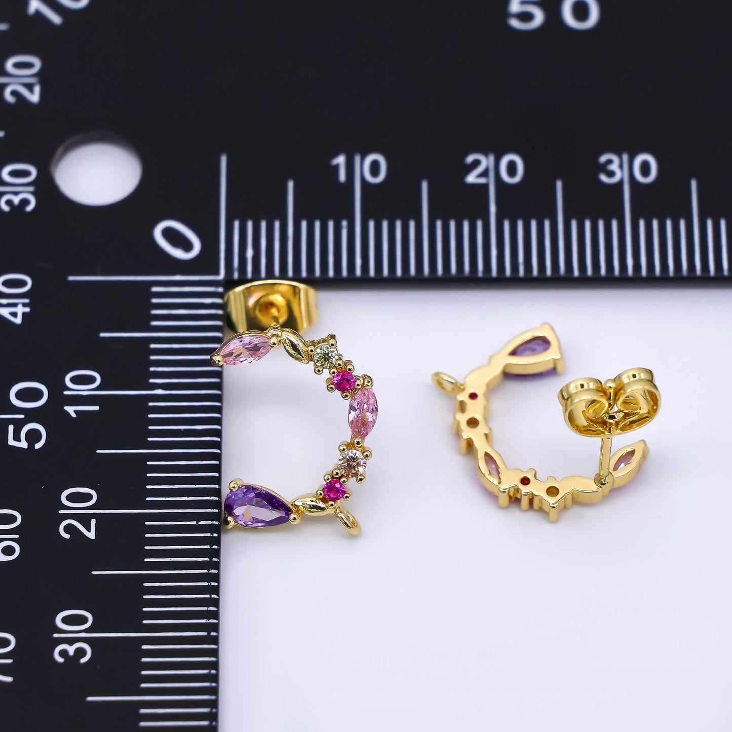 24K Gold Filled 14mm Mixed-Cut CZ C-Shaped Floral Half-Earrings Open Loop Earring Findings | K-003