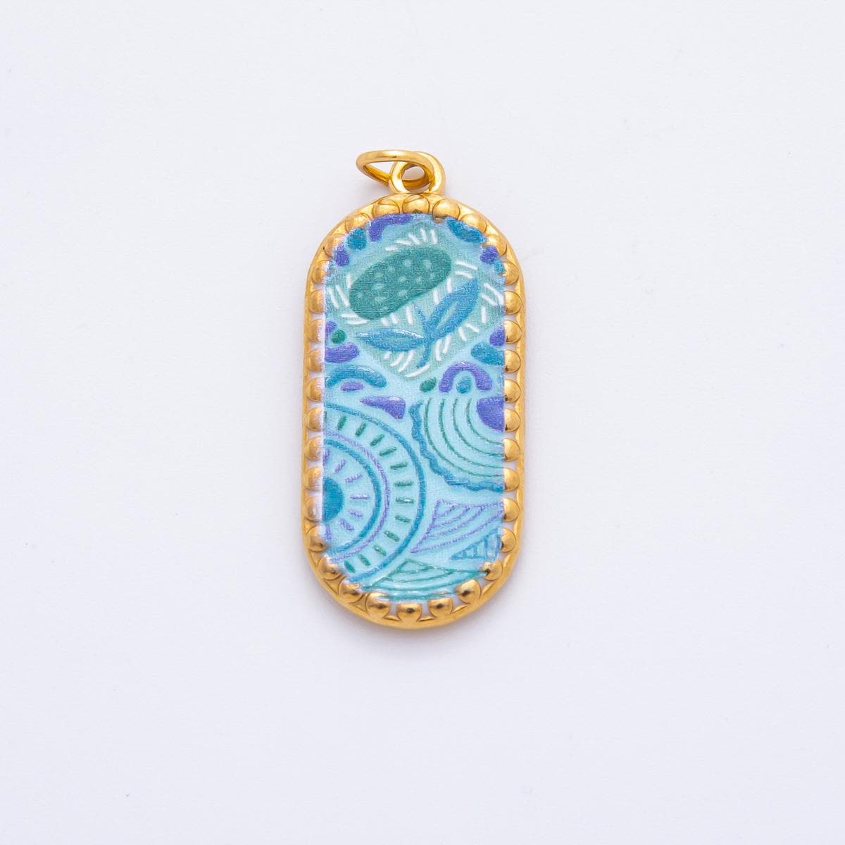 Embossed Design Enamel Painting Artsy Long Oval Pendant Charm PVD Gold Plated Frame Flower Jewelry Bohemian Inspired J-723