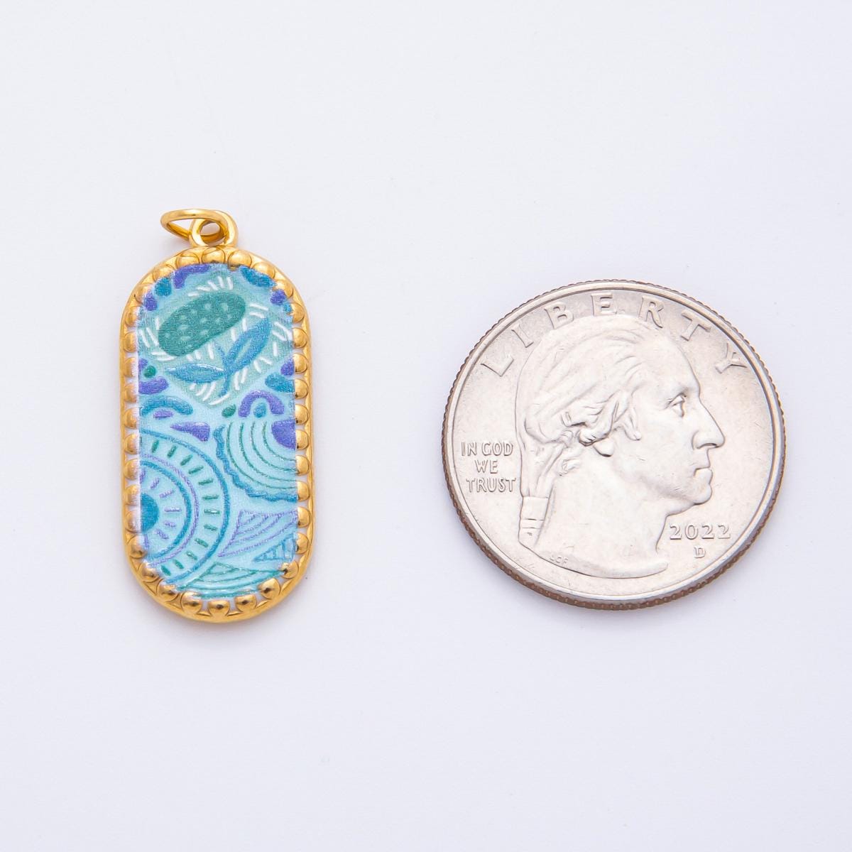 Embossed Design Enamel Painting Artsy Long Oval Pendant Charm PVD Gold Plated Frame Flower Jewelry Bohemian Inspired J-723