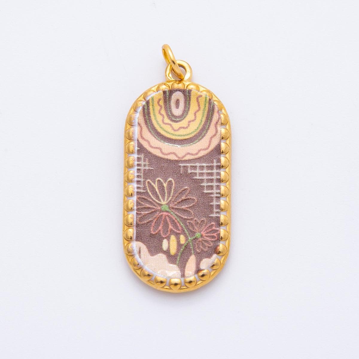 Embossed Design Enamel Painting Artsy Long Oval Pendant Charm PVD Gold Plated Frame Flower Jewelry Bohemian Inspired J-723