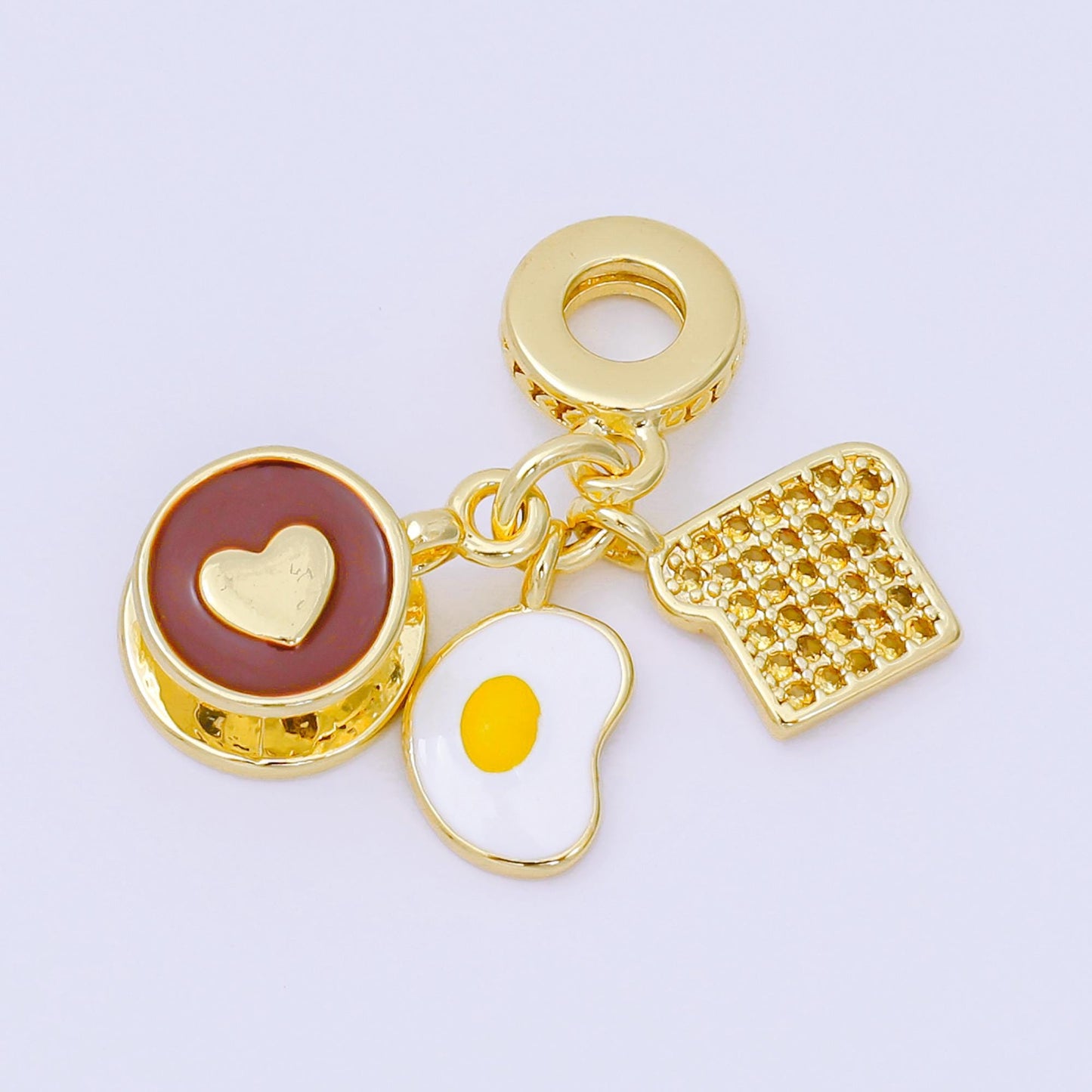 24K Gold Filled 17mm Micro Paved CZ Enamel Art Breakfast Set Charm in Coffee, Egg, & Bread | AH-595