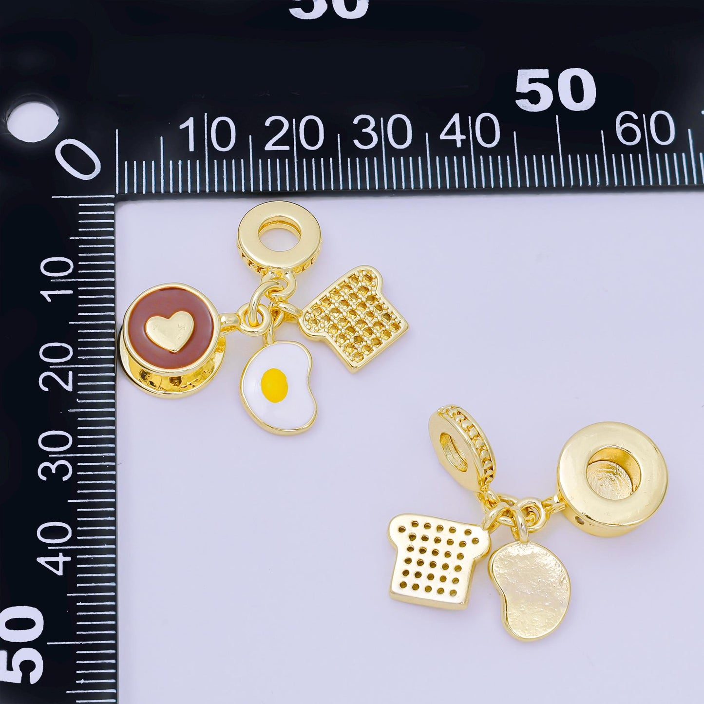 24K Gold Filled 17mm Micro Paved CZ Enamel Art Breakfast Set Charm in Coffee, Egg, & Bread | AH-595