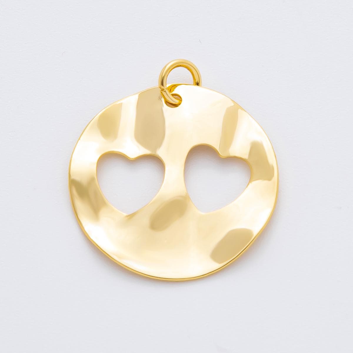 Big Hammered Rustic 18K Gold Filled Geometric Molten Round Open Twin Heart Charm for Cord Necklace | N-1417