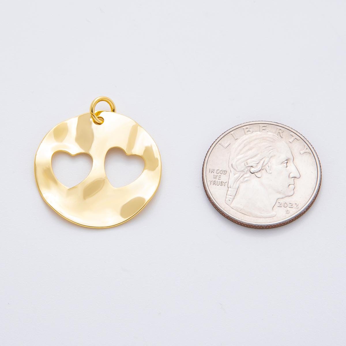 Big Hammered Rustic 18K Gold Filled Geometric Molten Round Open Twin Heart Charm for Cord Necklace | N-1417