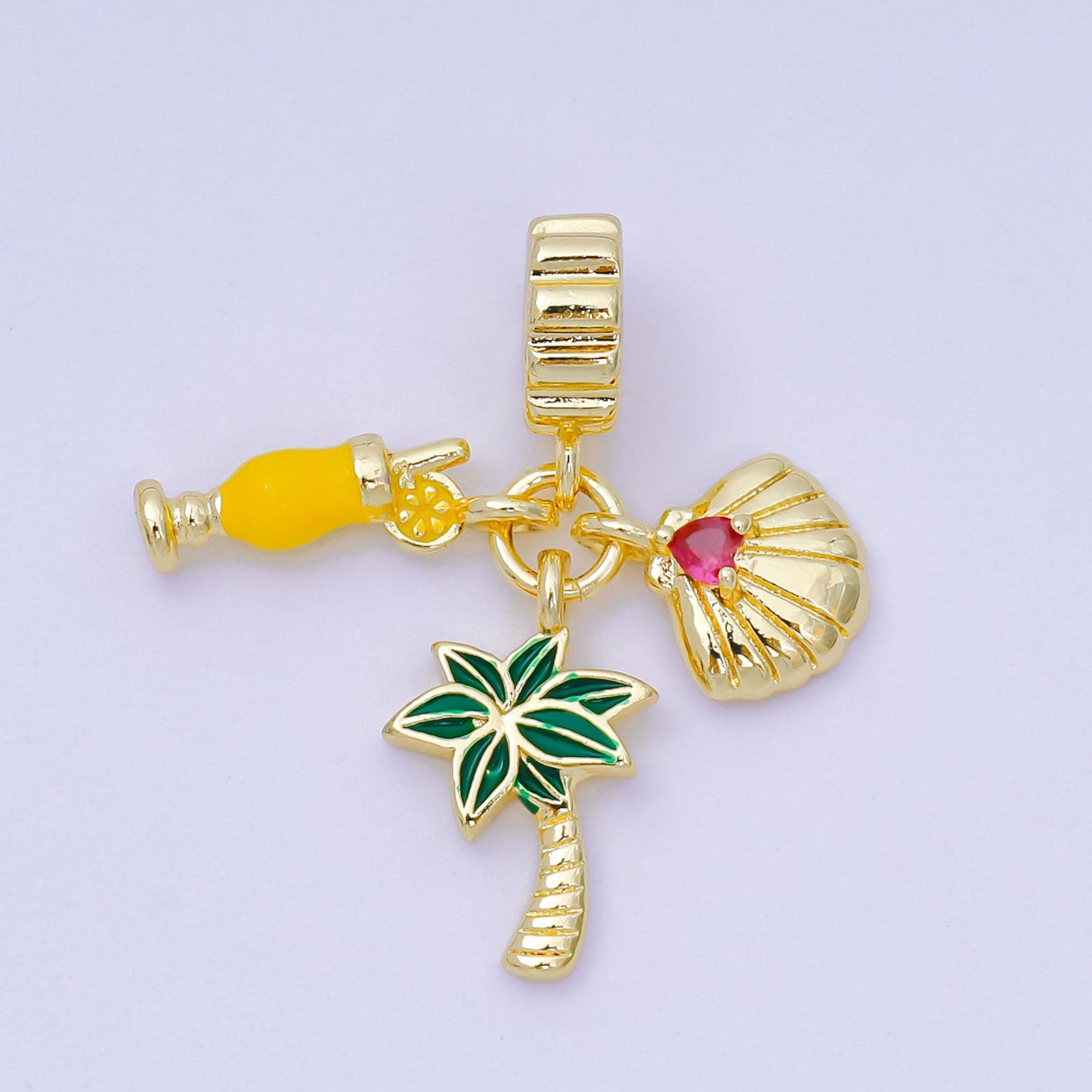 24K Gold Filled 17.5mm Pink CZ Enamel Art Vacation on Hawaii Set Charm in Orange Juice, Palm Tree, & Clam Shell | AH-598