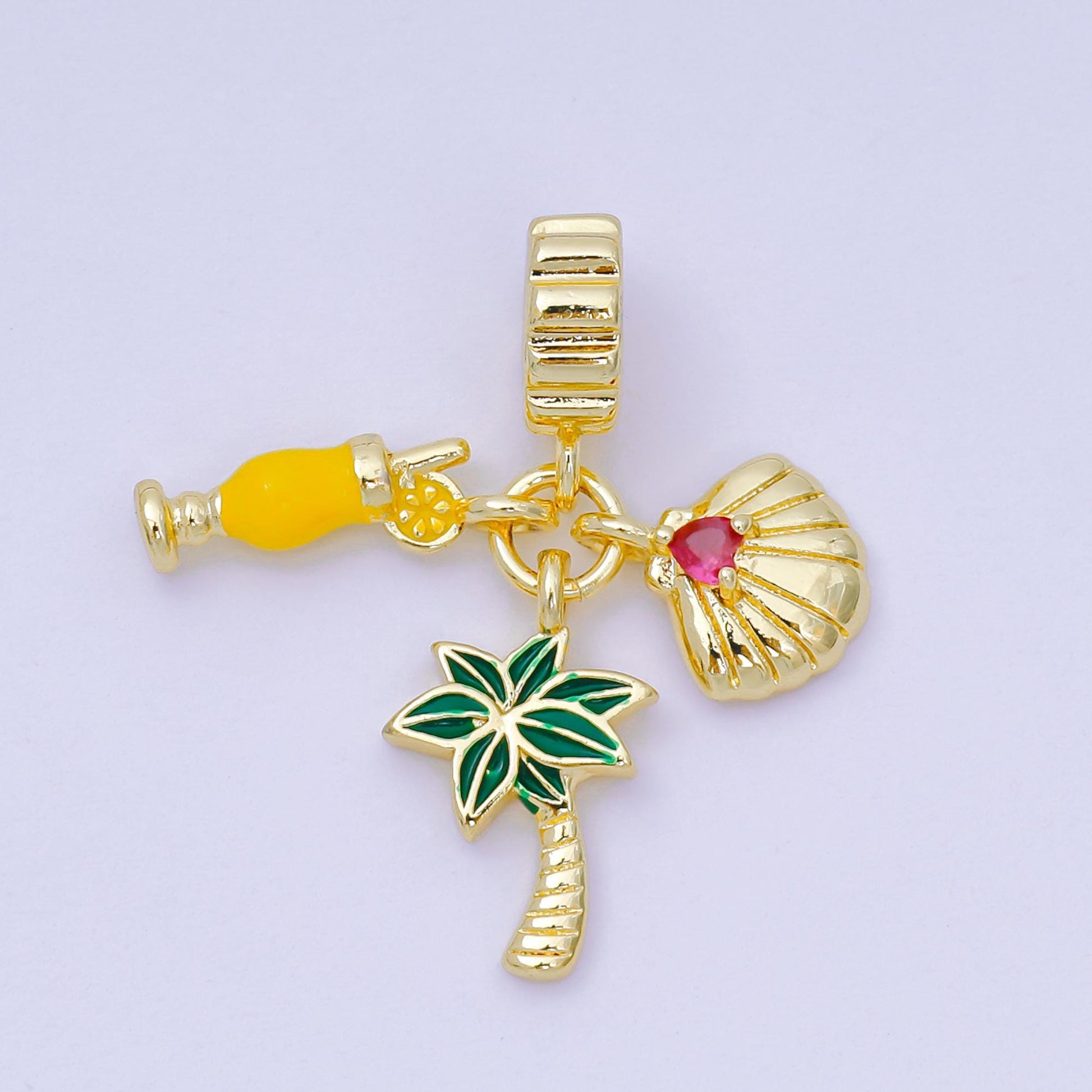 24K Gold Filled 17.5mm Pink CZ Enamel Art Vacation on Hawaii Set Charm in Orange Juice, Palm Tree, & Clam Shell | AH-598