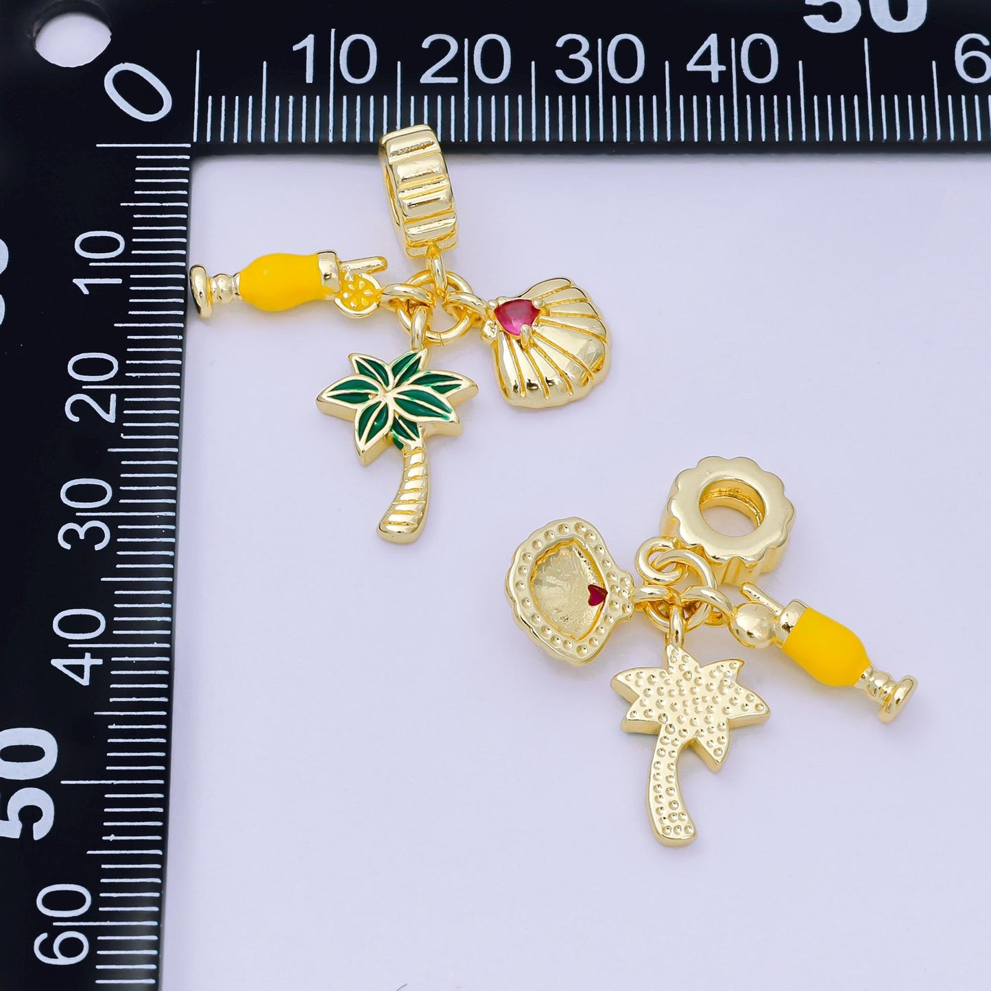 24K Gold Filled 17.5mm Pink CZ Enamel Art Vacation on Hawaii Set Charm in Orange Juice, Palm Tree, & Clam Shell | AH-598